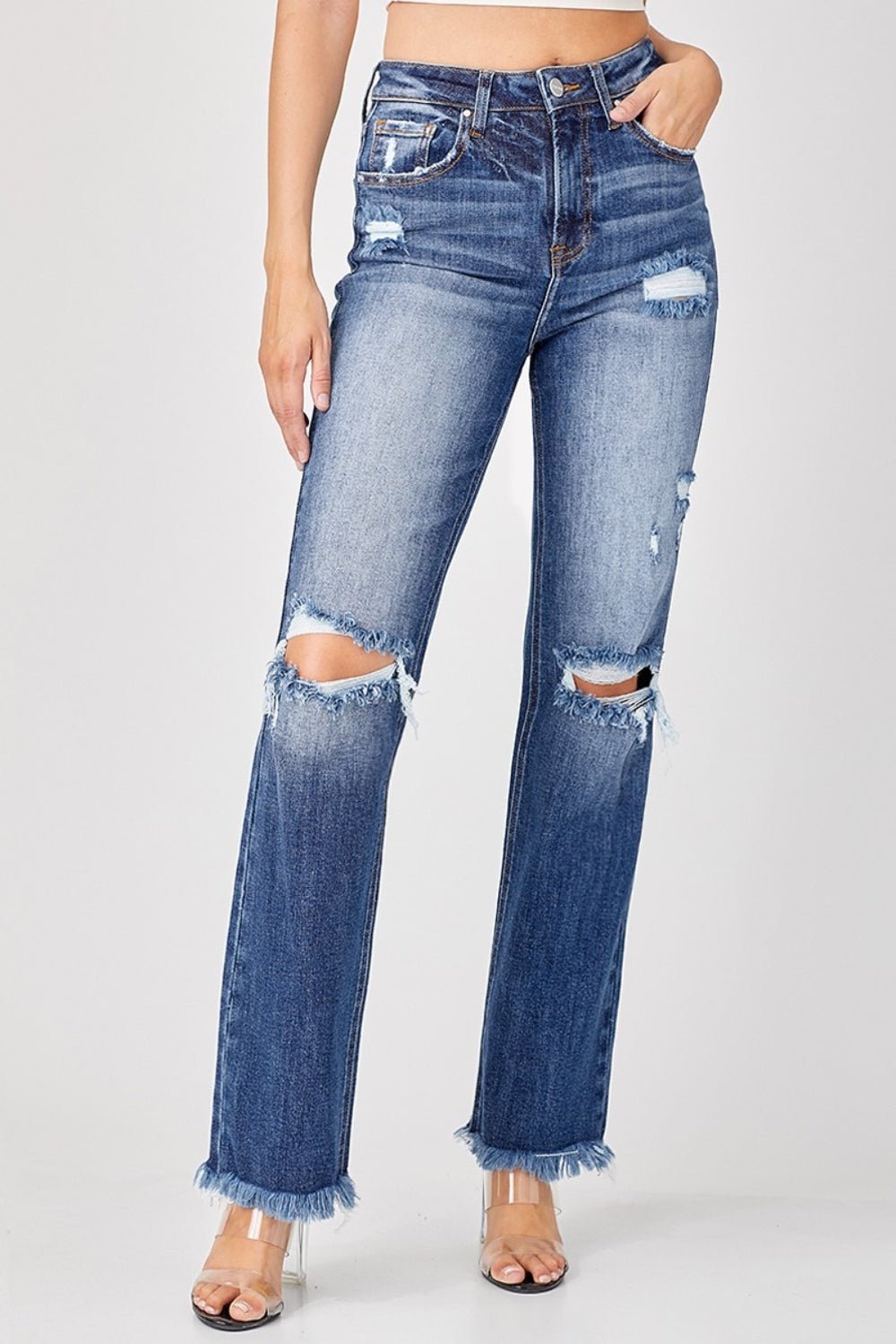 Risen Full Size Raw Hem Distressed Straight Jeans - Jeans - Deep Blue - Bella Bourget