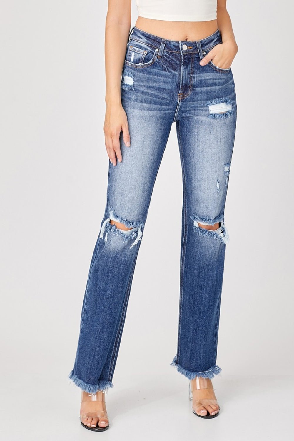 Risen Full Size Raw Hem Distressed Straight Jeans - Jeans - Deep Blue - Bella Bourget