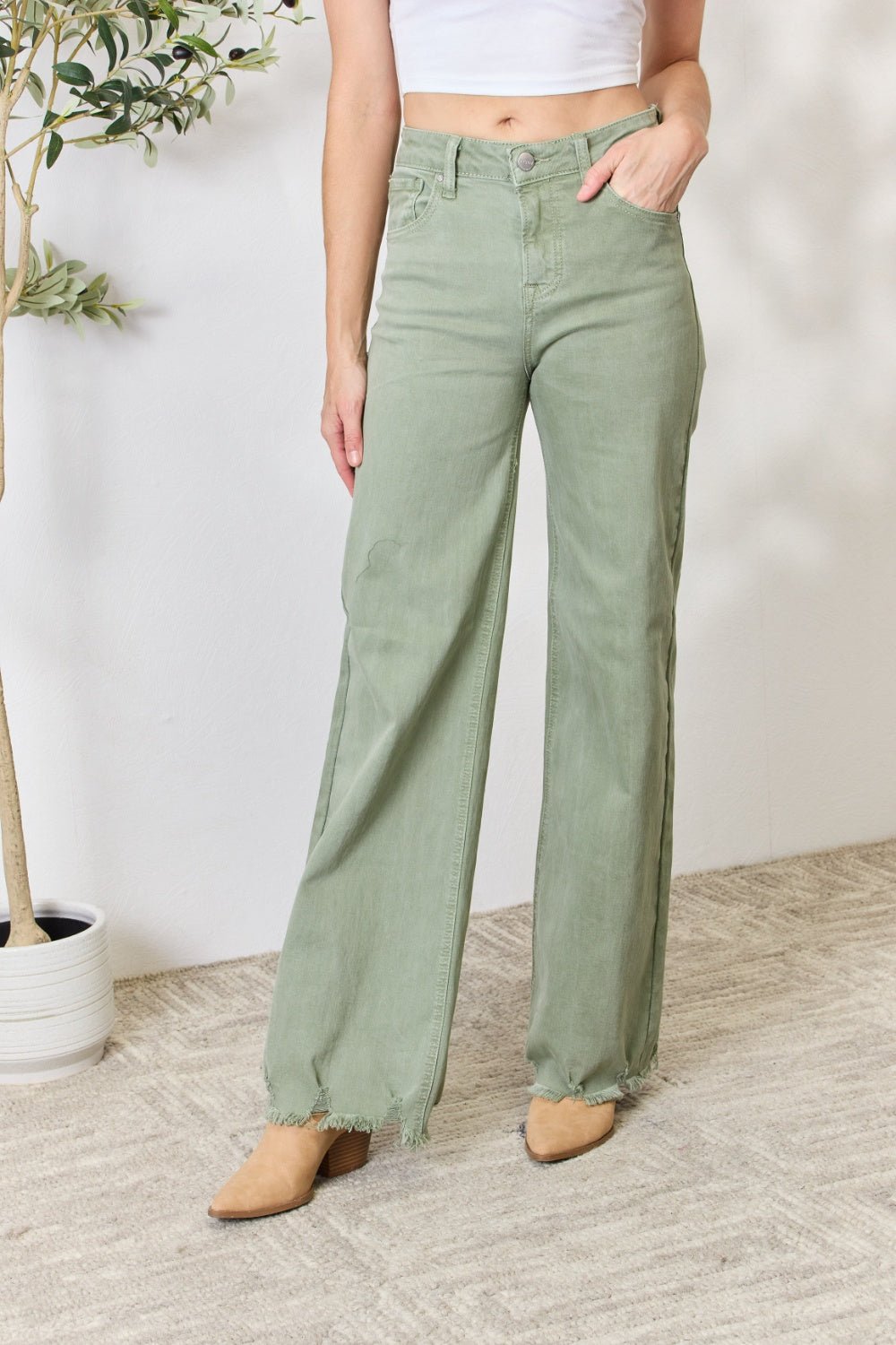 RISEN Full Size Raw Hem Wide - Leg Jeans - Jeans - Sage - Bella Bourget