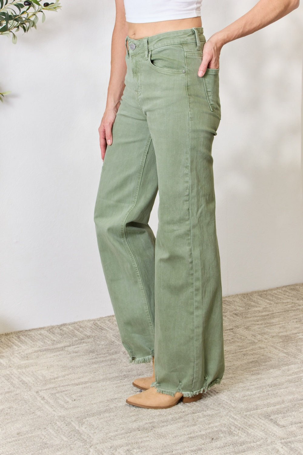 RISEN Full Size Raw Hem Wide - Leg Jeans - Jeans - Sage - Bella Bourget