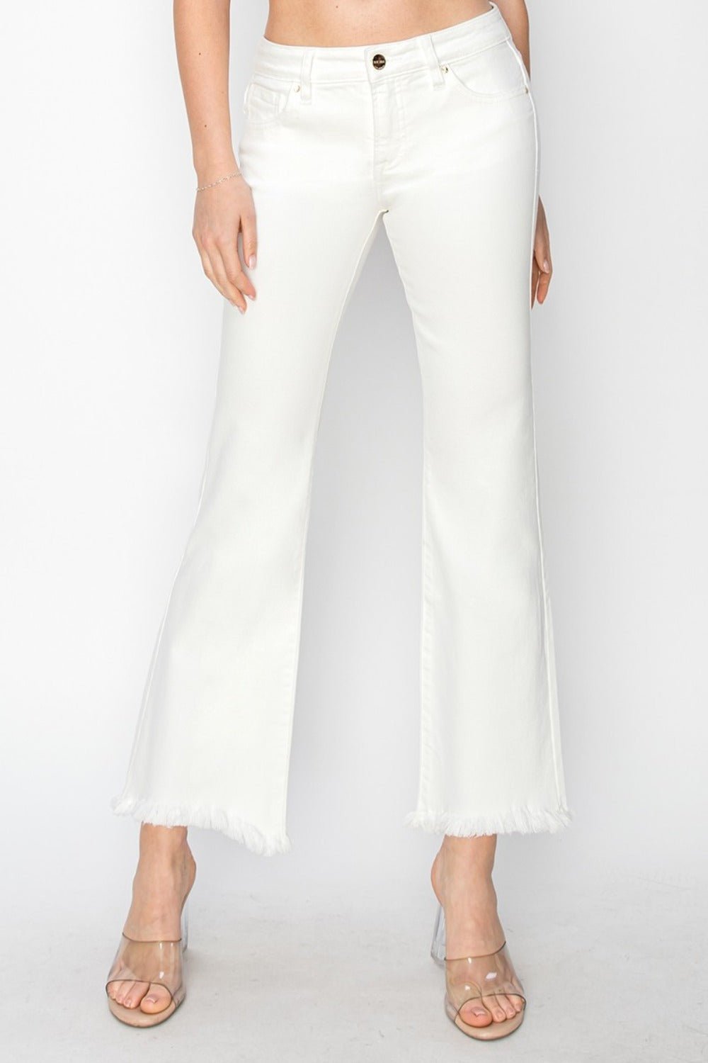 RISEN Full Size Tummy Control Crop Flare Step Hem Pants - Jeans - White - Bella Bourget