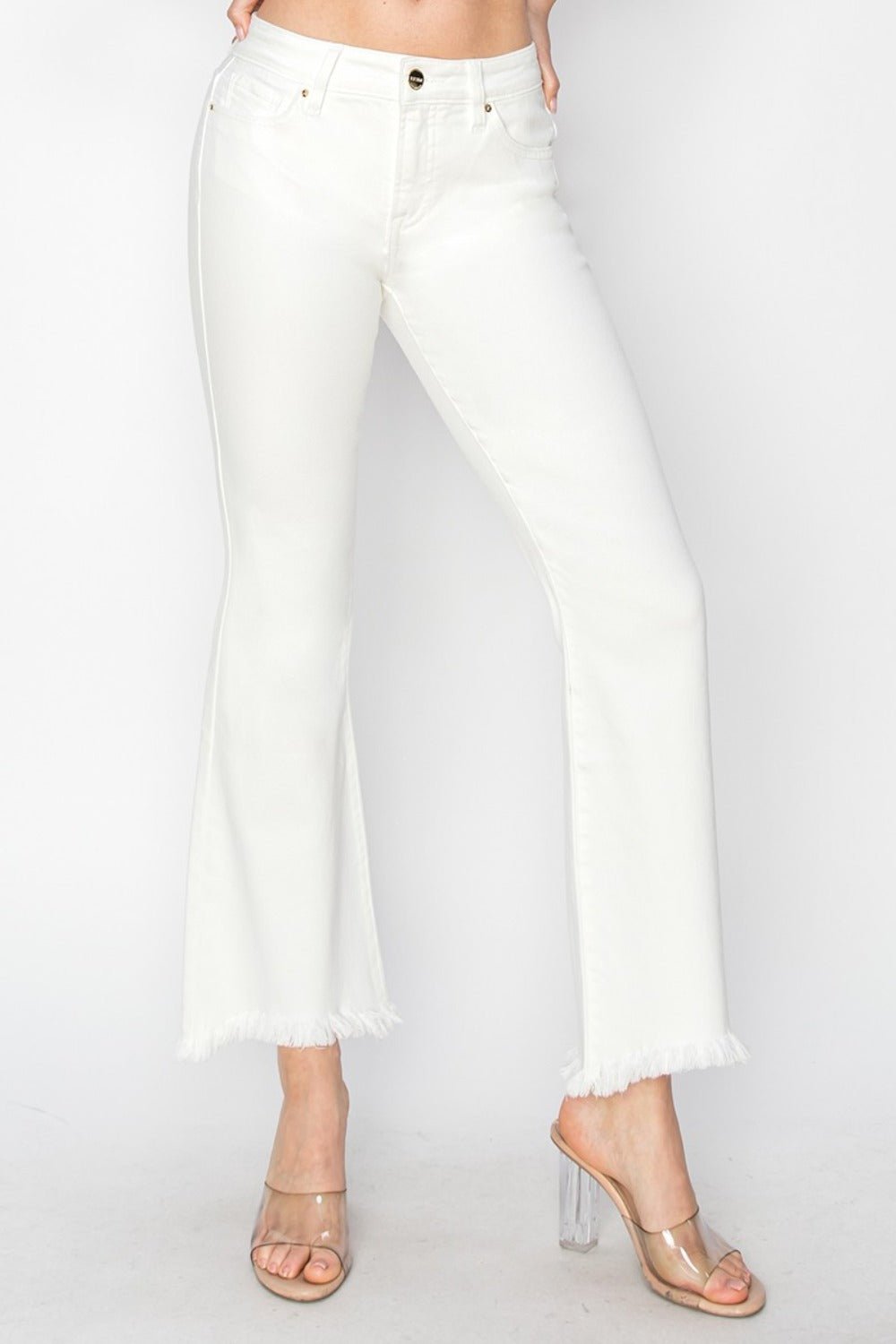 RISEN Full Size Tummy Control Crop Flare Step Hem Pants - Jeans - White - Bella Bourget