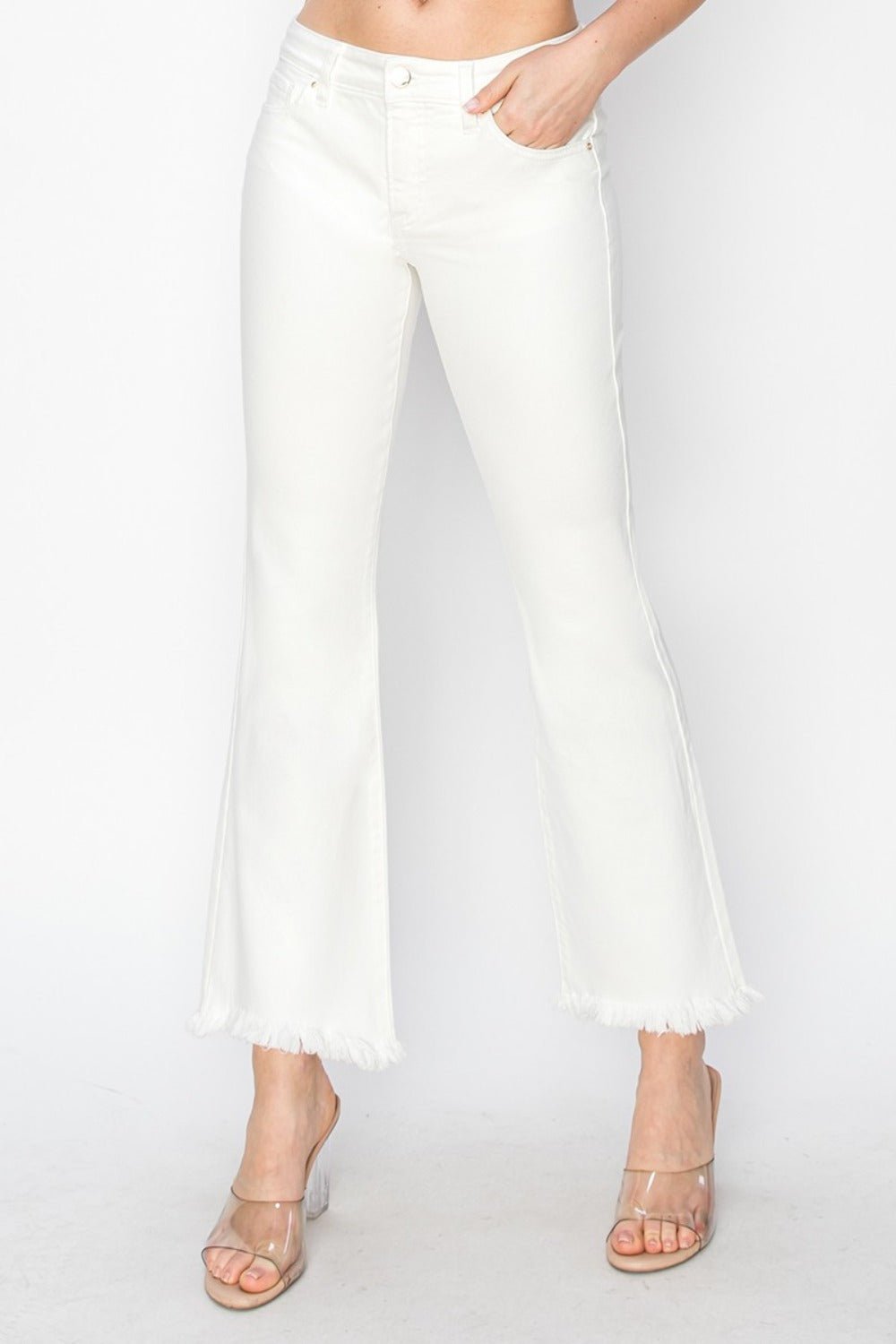 RISEN Full Size Tummy Control Crop Flare Step Hem Pants - Jeans - White - Bella Bourget