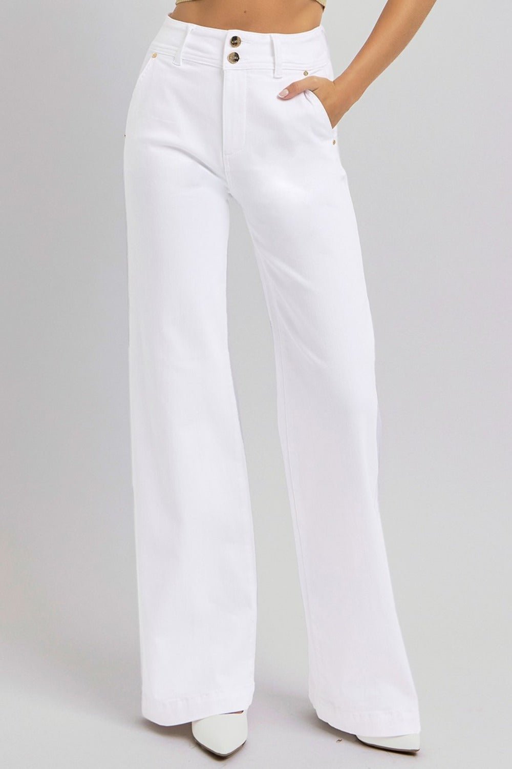 RISEN Full Size Tummy Control Double Button Wide Leg Jeans - Jeans - White - Bella Bourget