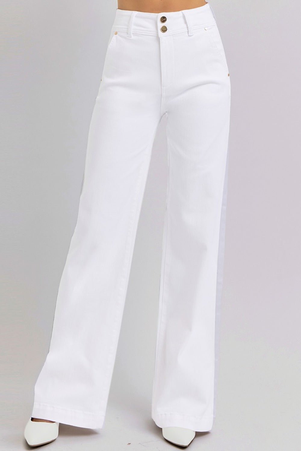 RISEN Full Size Tummy Control Double Button Wide Leg Jeans - Jeans - White - Bella Bourget