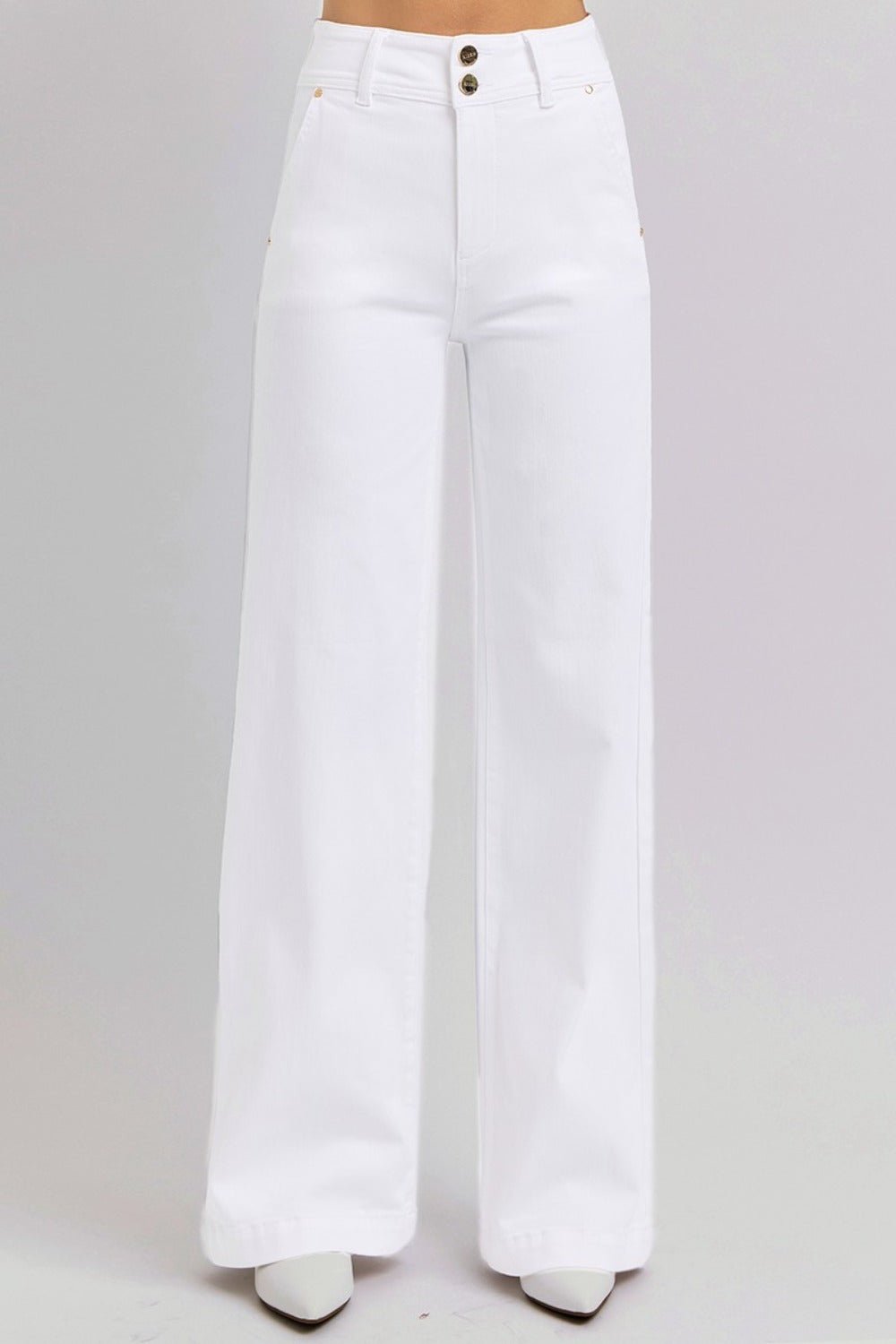 RISEN Full Size Tummy Control Double Button Wide Leg Jeans - Jeans - White - Bella Bourget