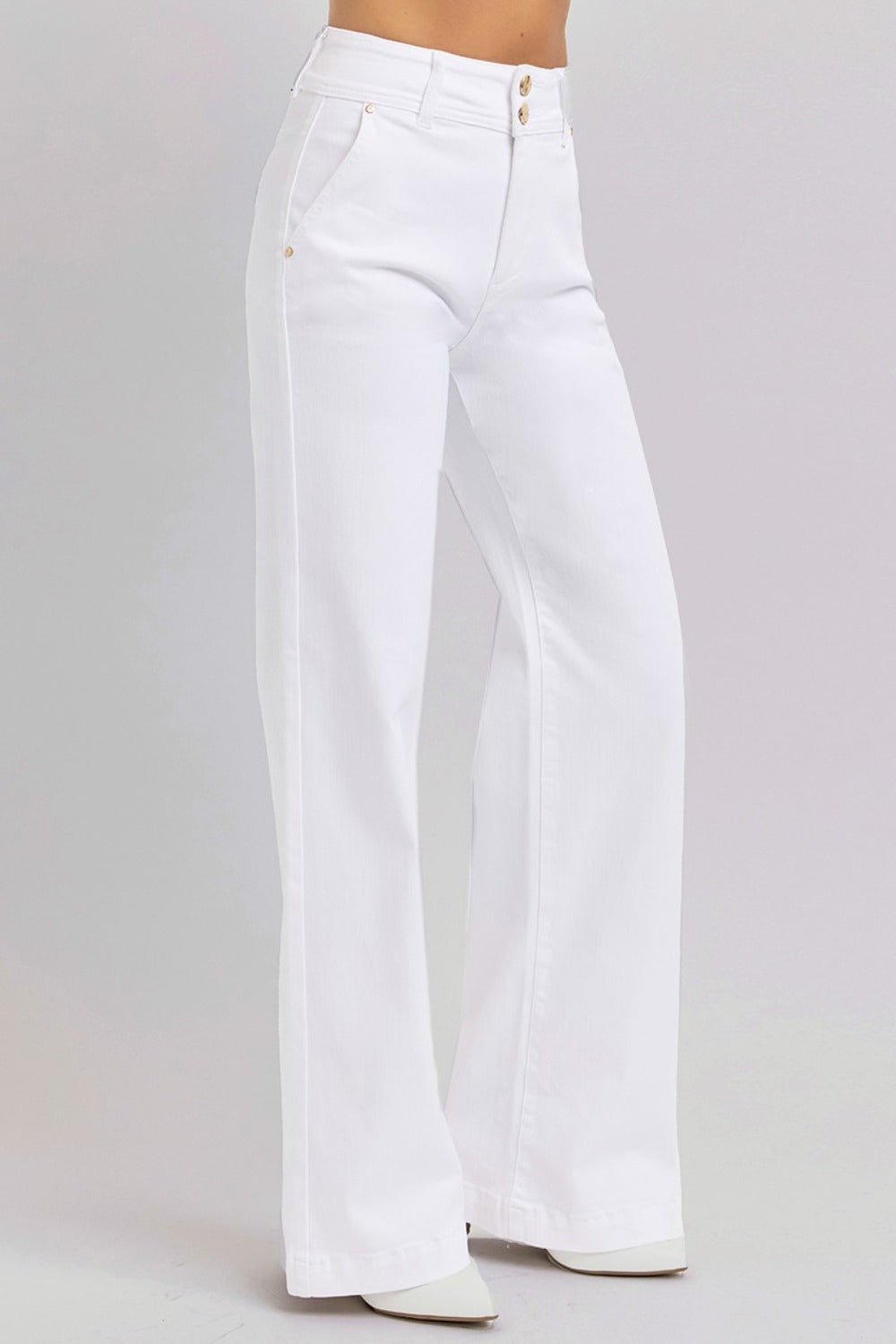 RISEN Full Size Tummy Control Double Button Wide Leg Jeans - Jeans - White - Bella Bourget