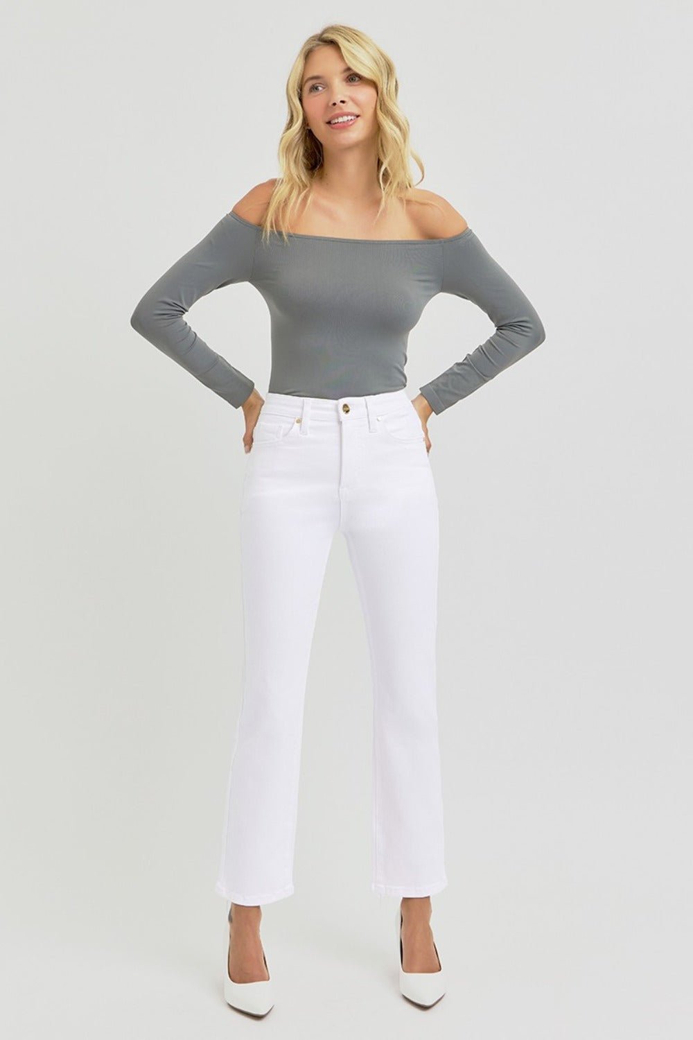 RISEN Full Size Tummy Control Elastic Band High Rise Crop Straight Jeans - Jeans - White - Bella Bourget