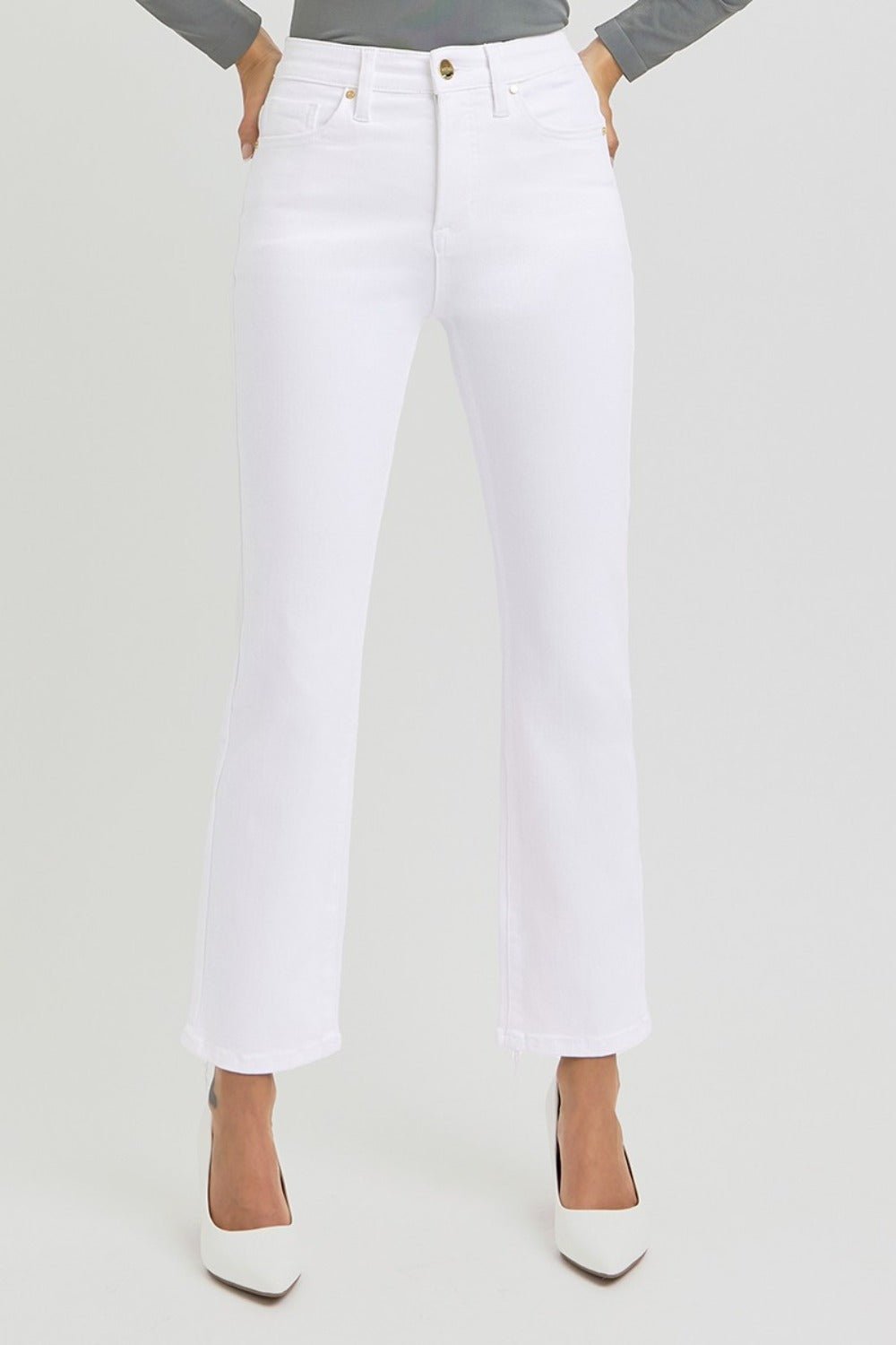 RISEN Full Size Tummy Control Elastic Band High Rise Crop Straight Jeans - Jeans - White - Bella Bourget