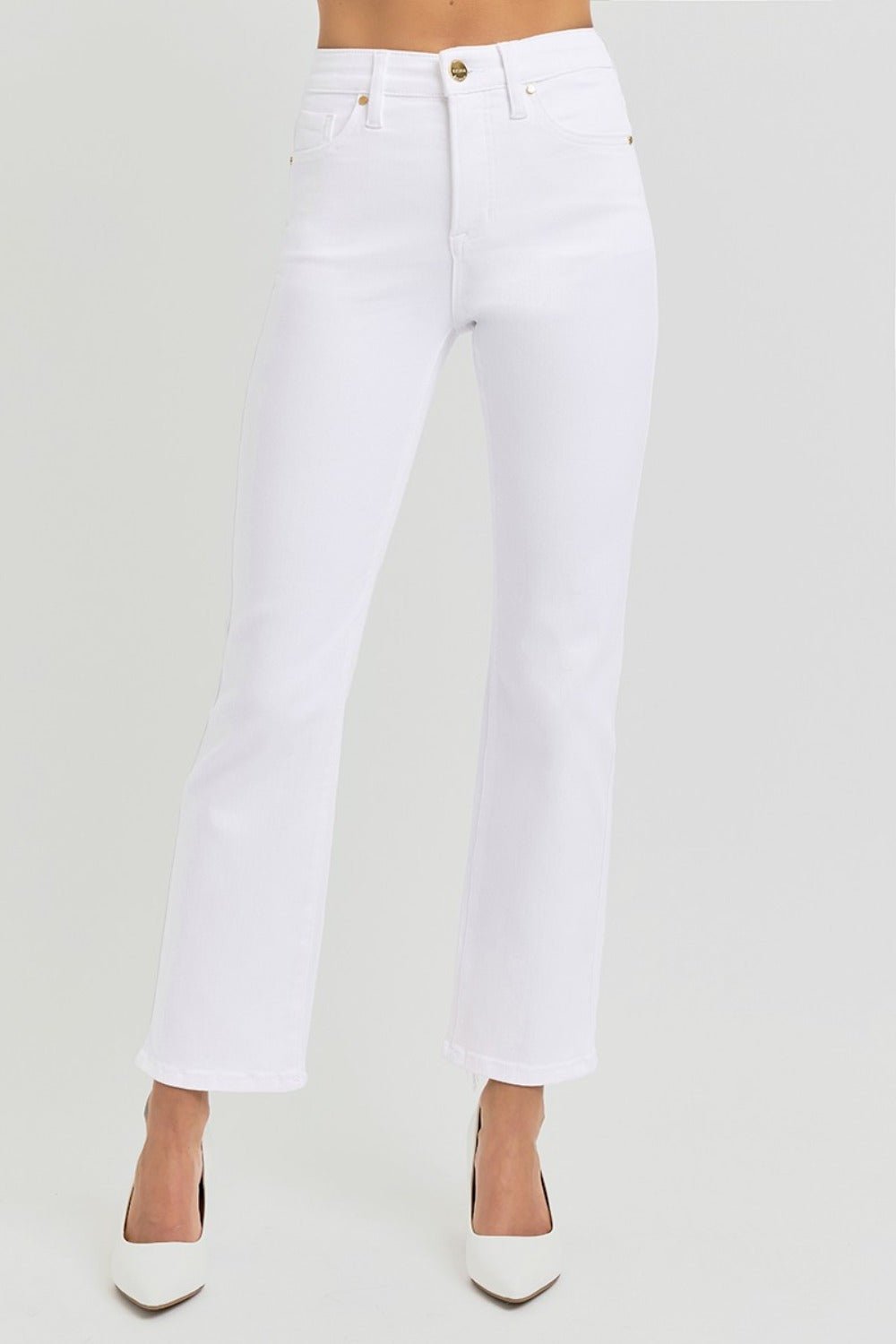 RISEN Full Size Tummy Control Elastic Band High Rise Crop Straight Jeans - Jeans - White - Bella Bourget