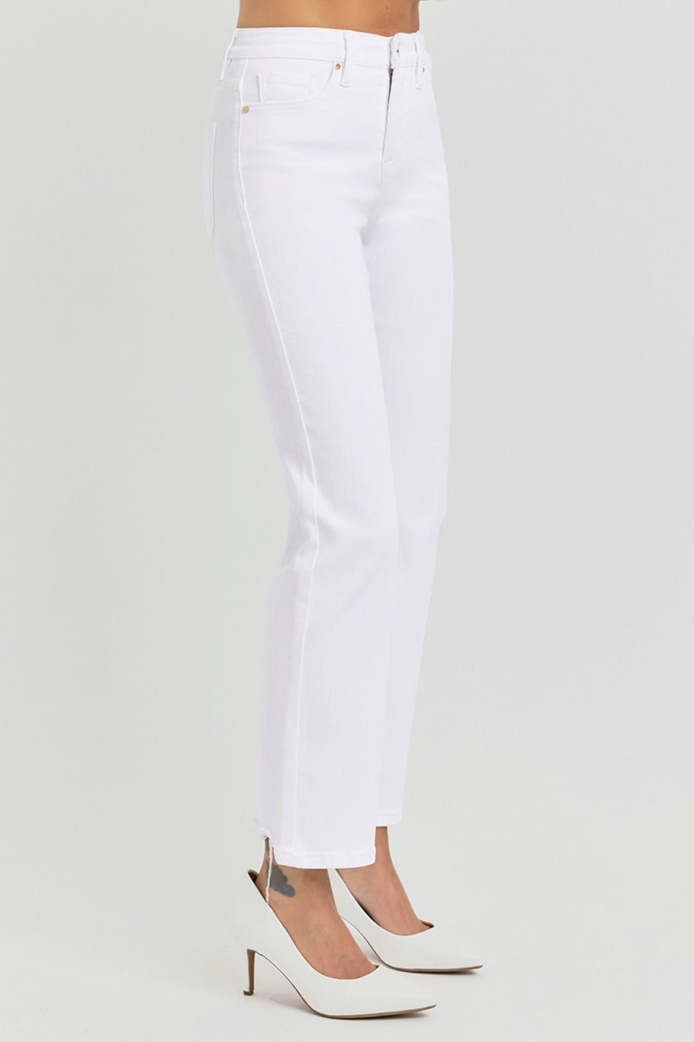 RISEN Full Size Tummy Control Elastic Band High Rise Crop Straight Jeans - Jeans - White - Bella Bourget