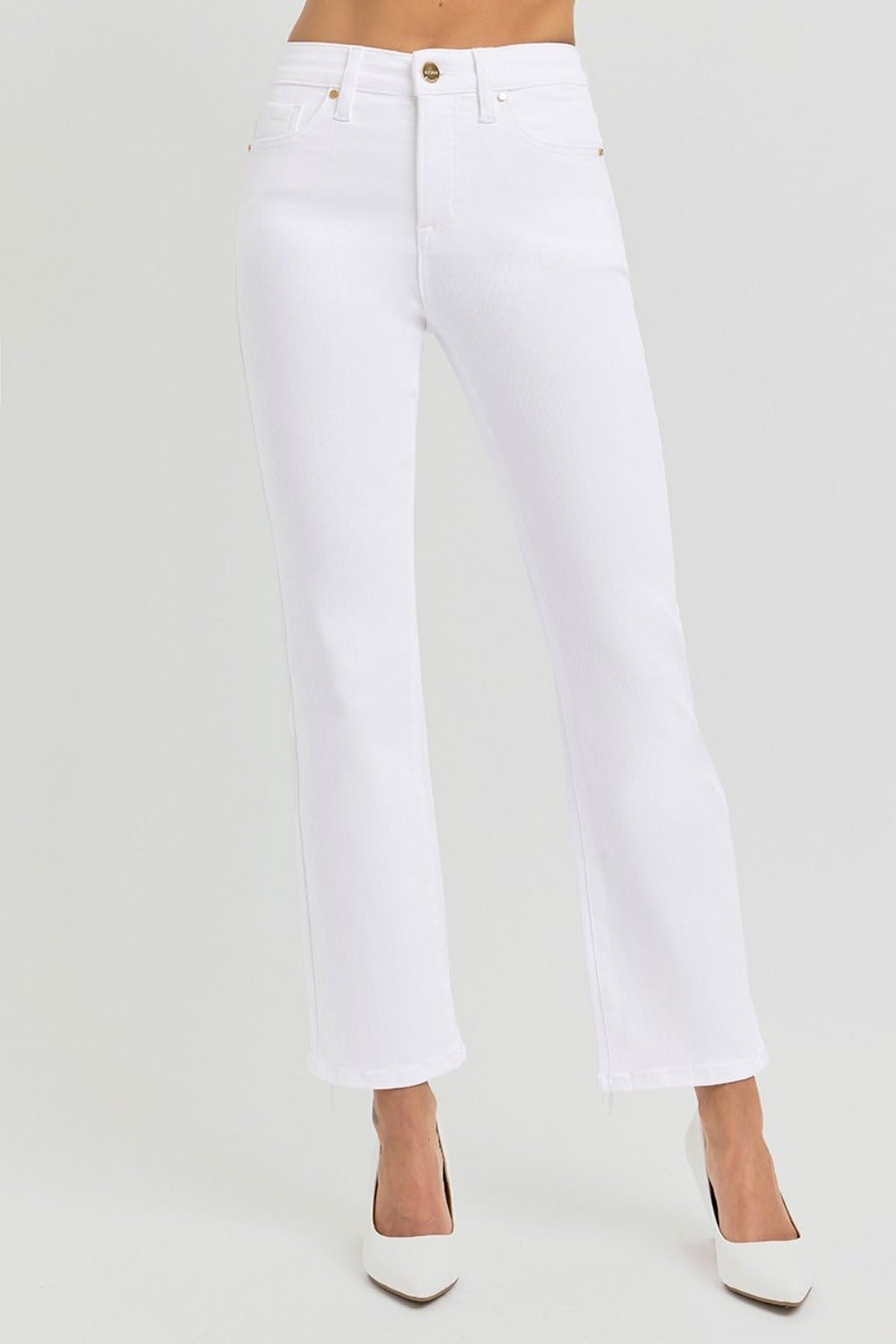 RISEN Full Size Tummy Control Elastic Band High Rise Crop Straight Jeans - Jeans - White - Bella Bourget