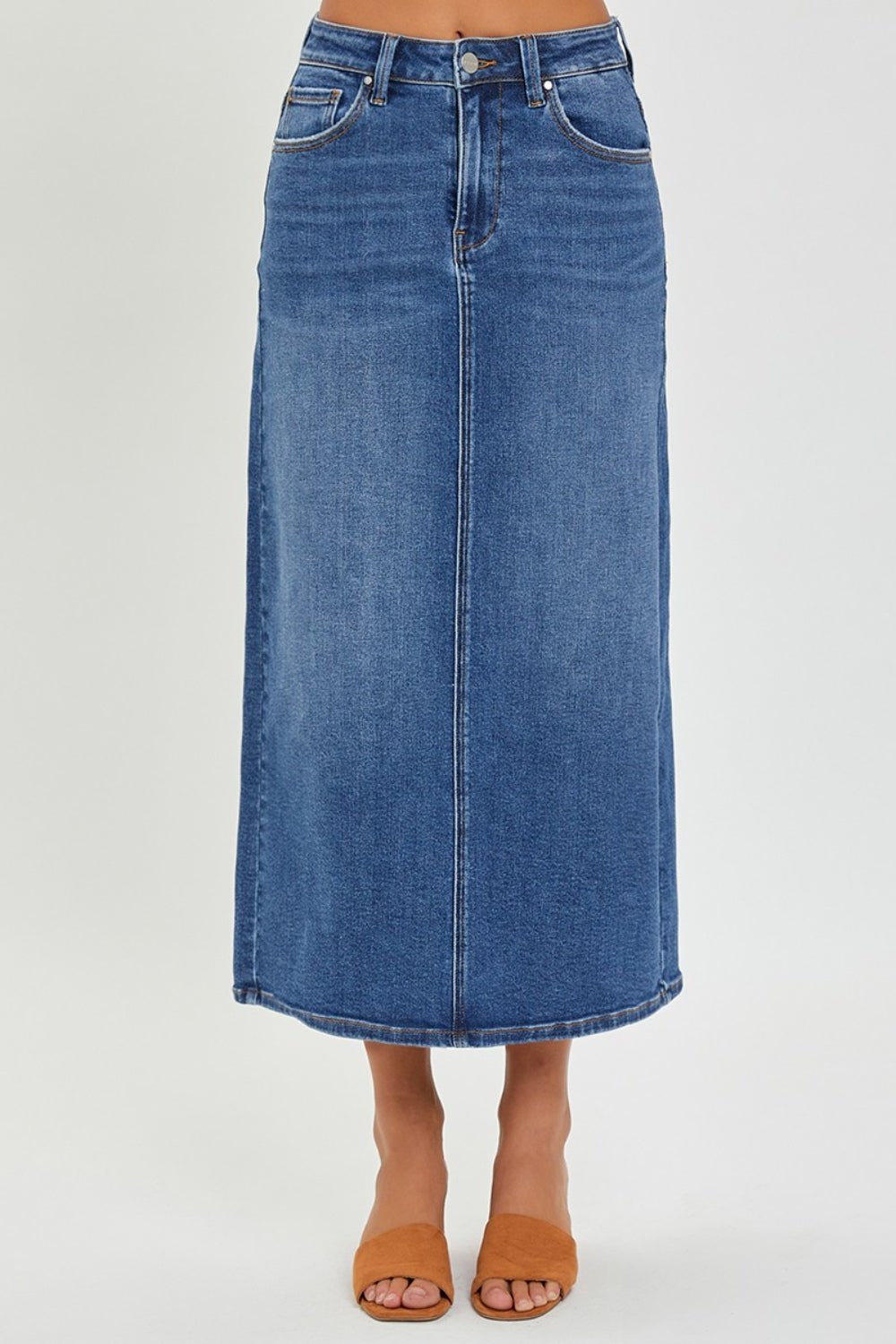 RISEN High Rise Back Slit Denim Skirt - Denim Skirt - Dark - Bella Bourget