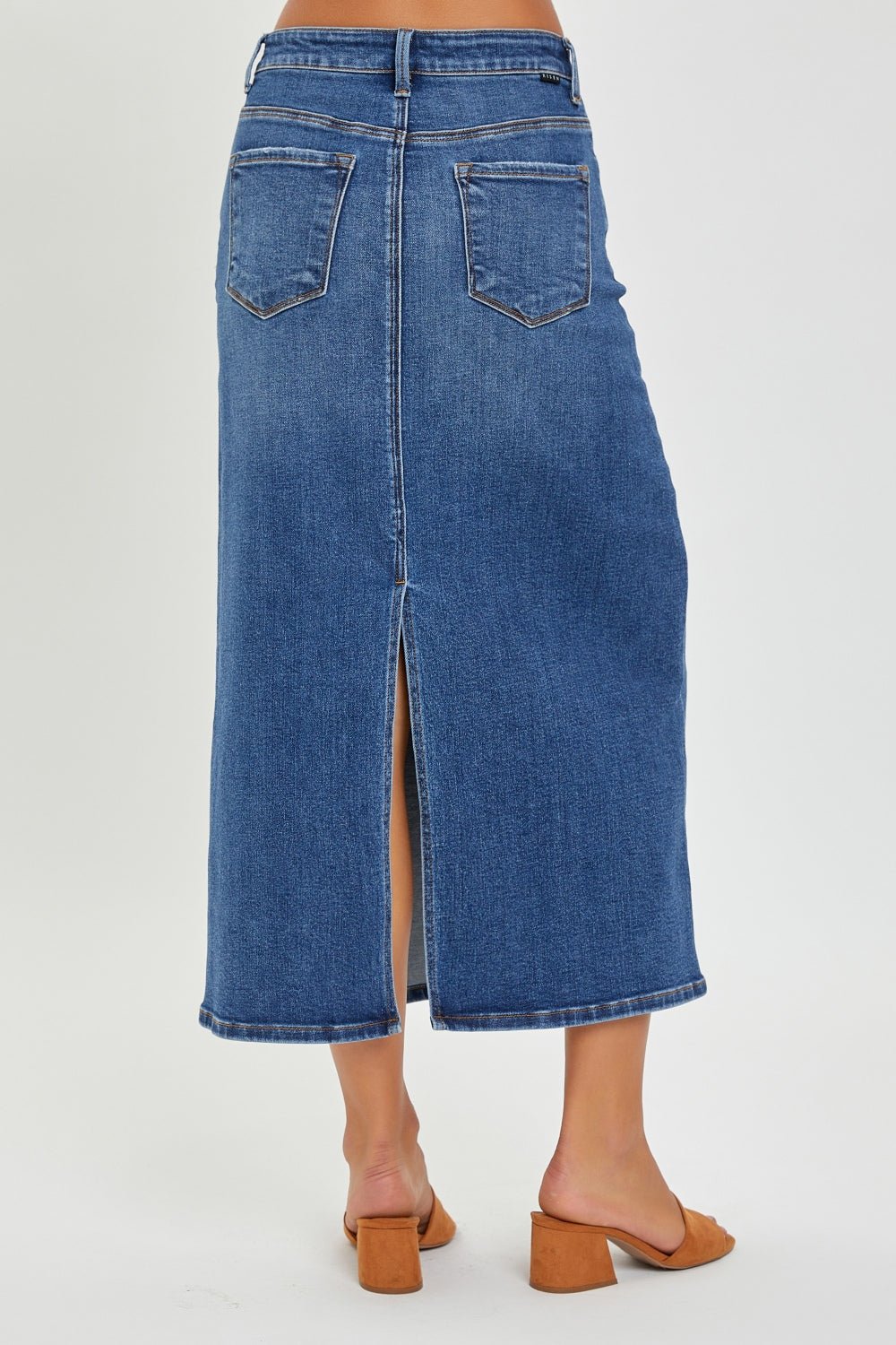 RISEN High Rise Back Slit Denim Skirt - Denim Skirt - Dark - Bella Bourget