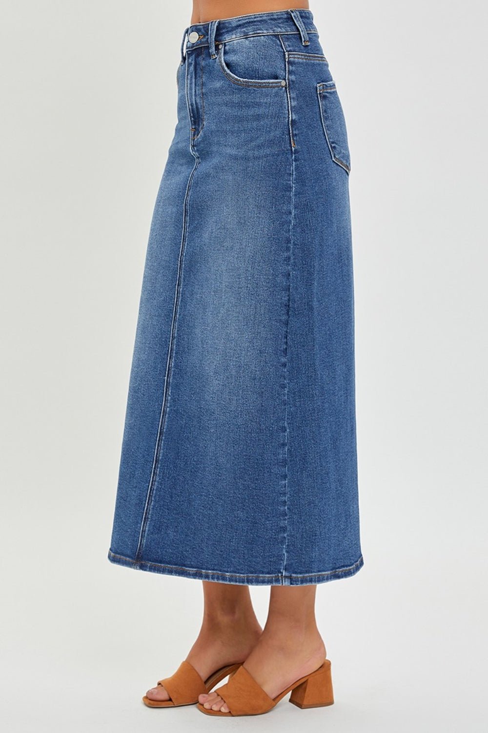 RISEN High Rise Back Slit Denim Skirt - Denim Skirt - Dark - Bella Bourget