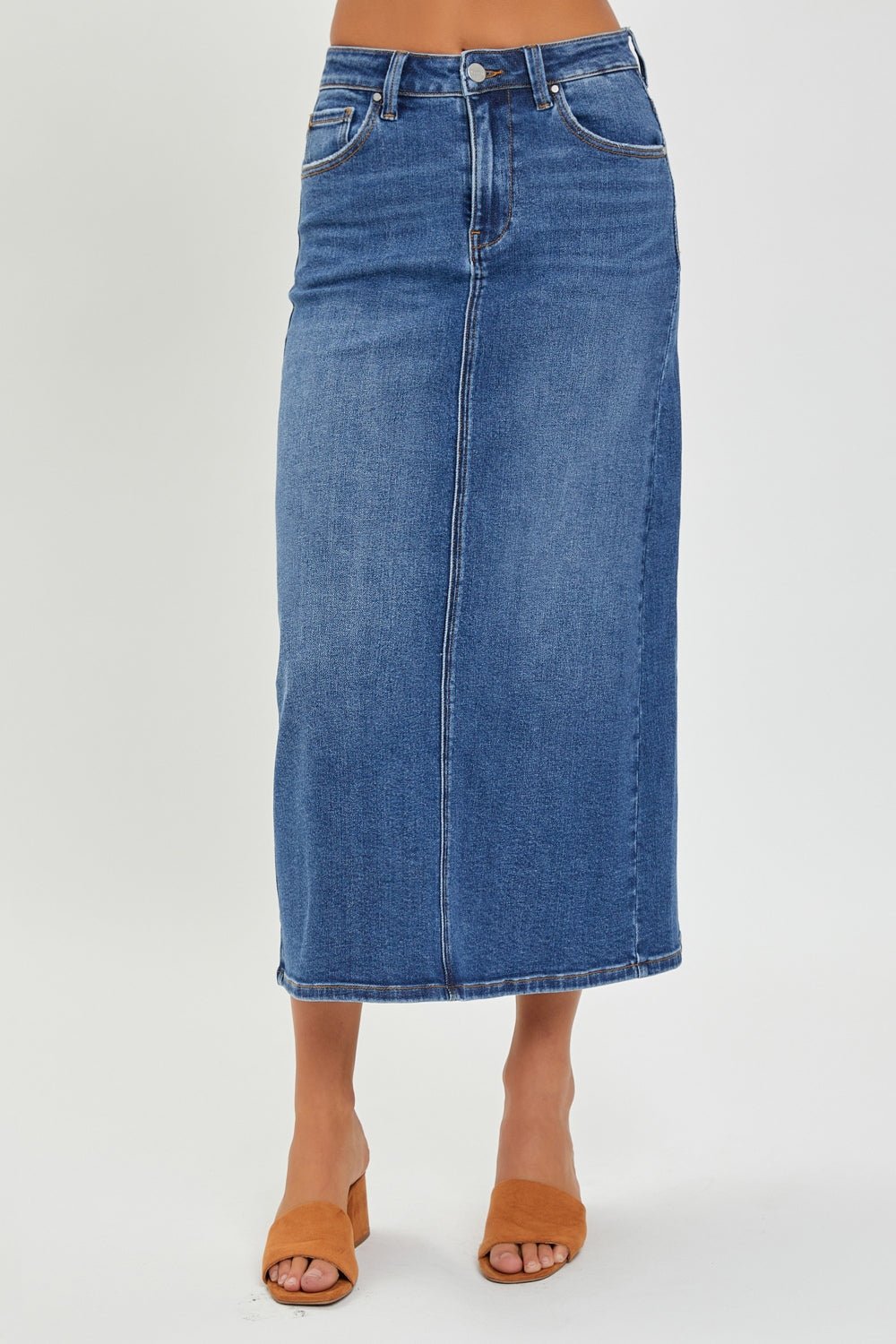 RISEN High Rise Back Slit Denim Skirt - Denim Skirt - Dark - Bella Bourget