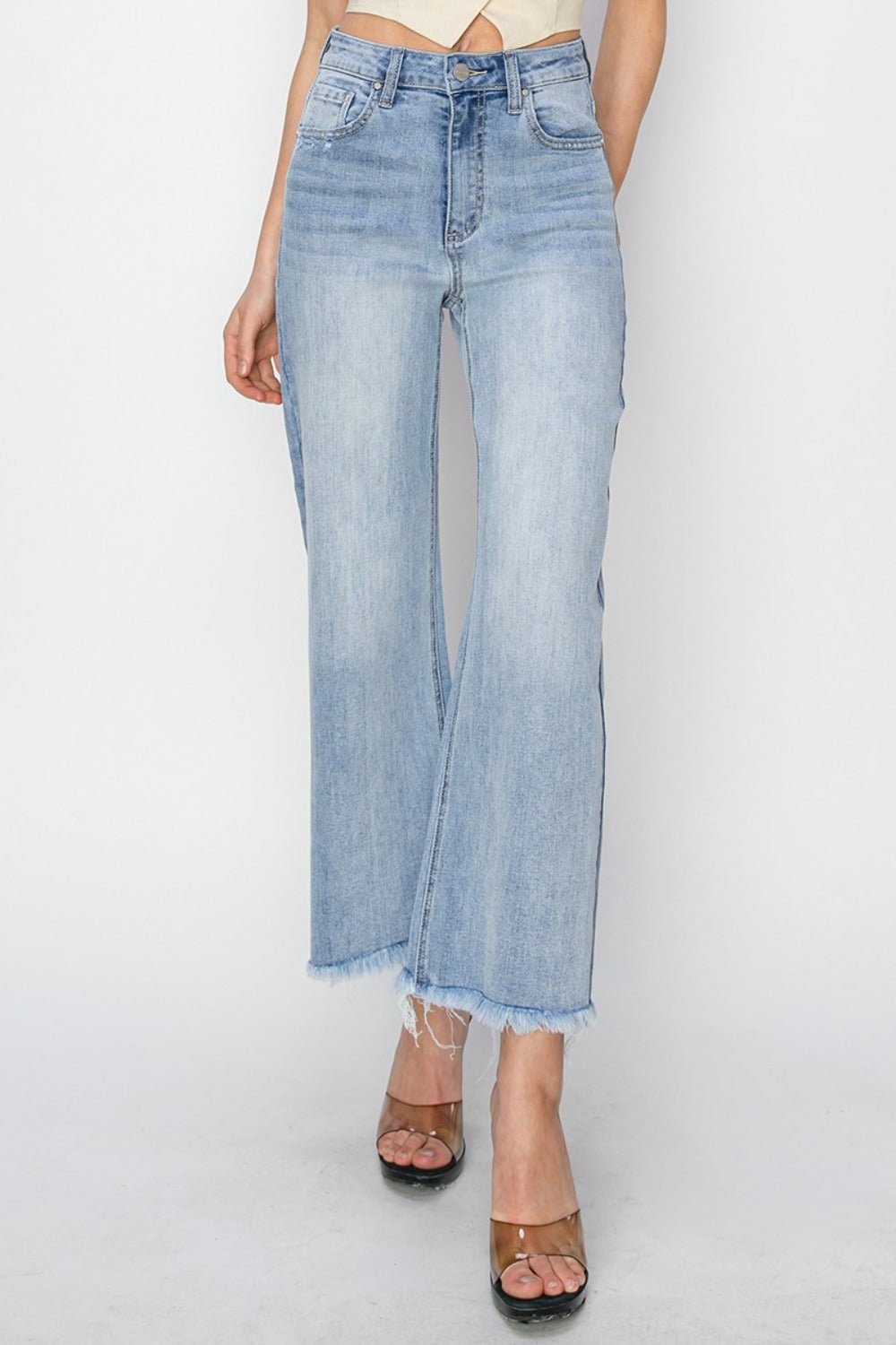 RISEN High Rise Crop Wide Fray Hem Jeans - Jeans - Light - Bella Bourget