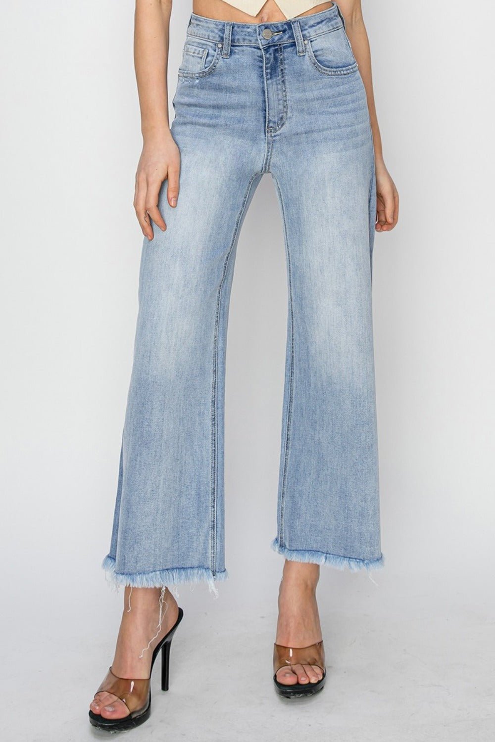 RISEN High Rise Crop Wide Fray Hem Jeans - Jeans - Light - Bella Bourget