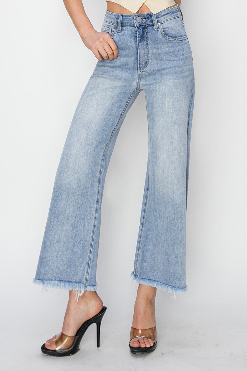 RISEN High Rise Crop Wide Fray Hem Jeans - Jeans - Light - Bella Bourget