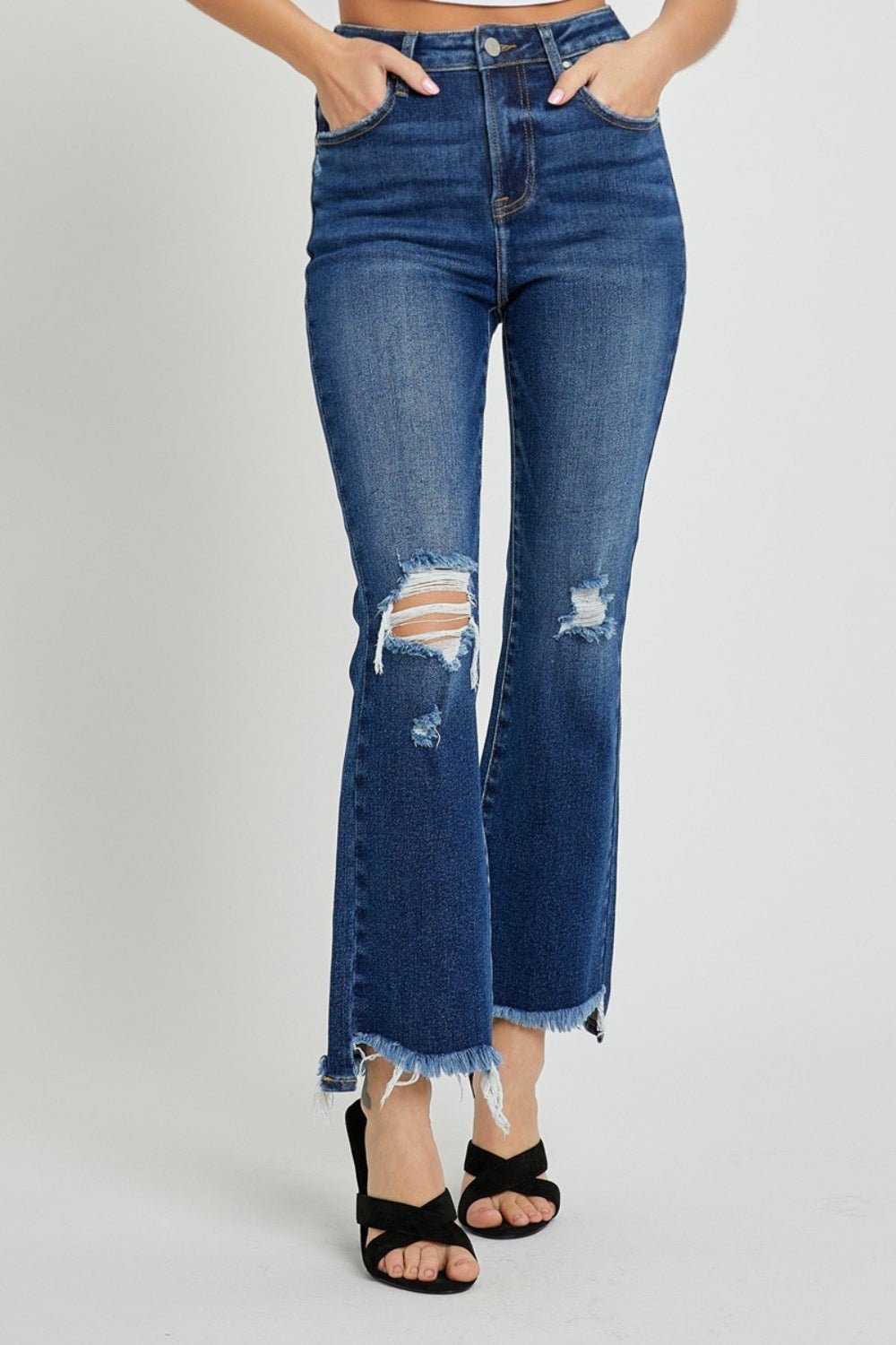 RISEN High Rise Distressed Crop Flare Jeans - Jeans - Dark - Bella Bourget