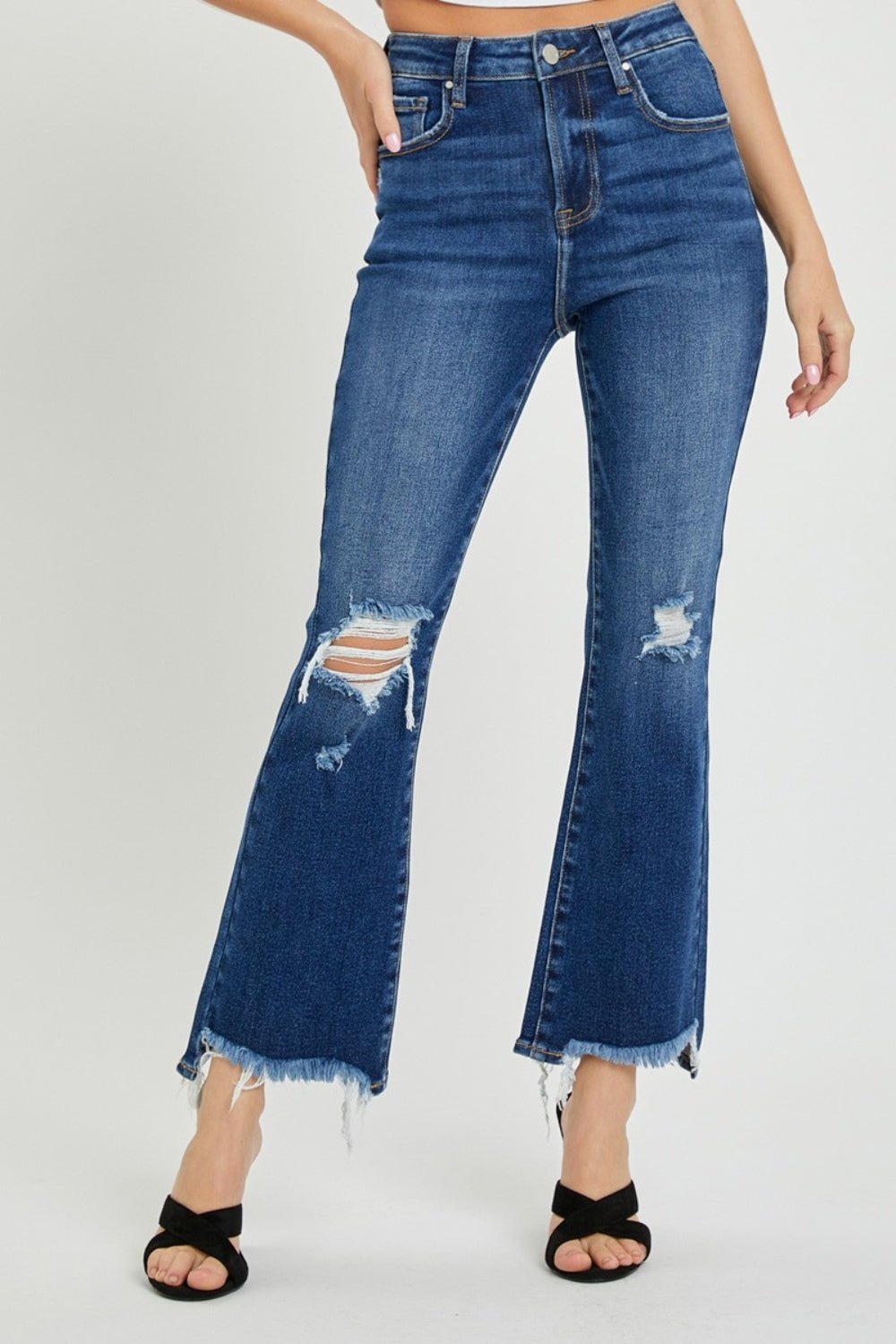 RISEN High Rise Distressed Crop Flare Jeans - Jeans - Dark - Bella Bourget