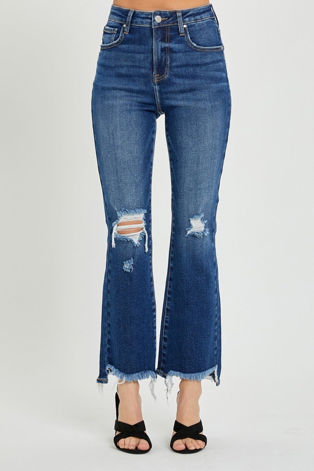 RISEN High Rise Distressed Crop Flare Jeans - Jeans - Dark - Bella Bourget