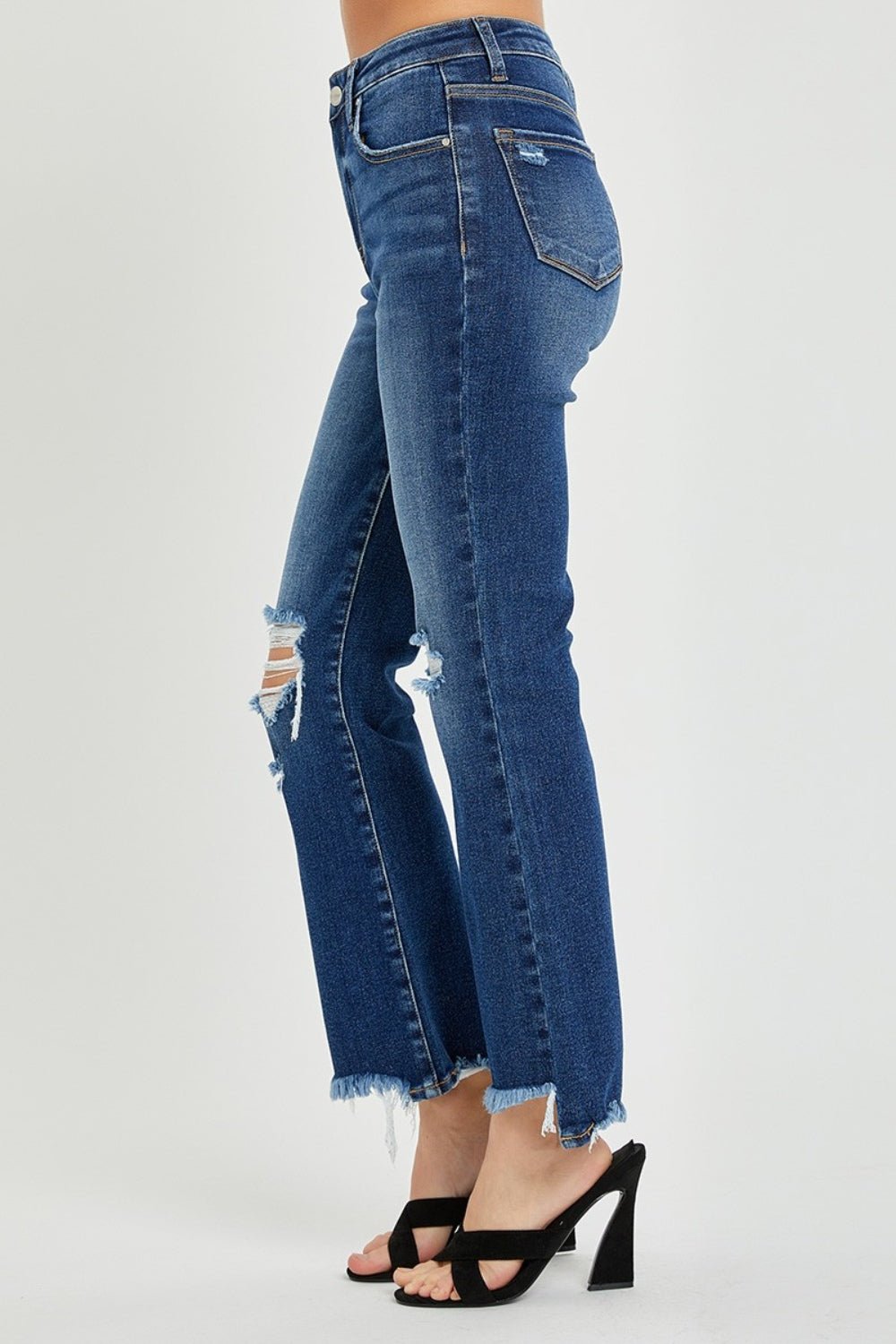 RISEN High Rise Distressed Crop Flare Jeans - Jeans - Dark - Bella Bourget