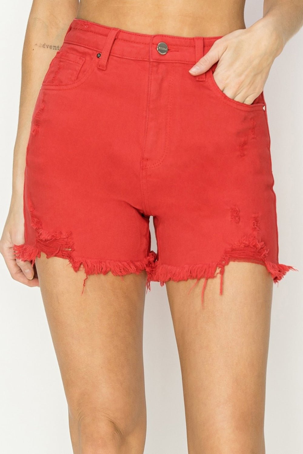 RISEN High Rise Distressed Denim Shorts - Shorts - Fiesta - Bella Bourget