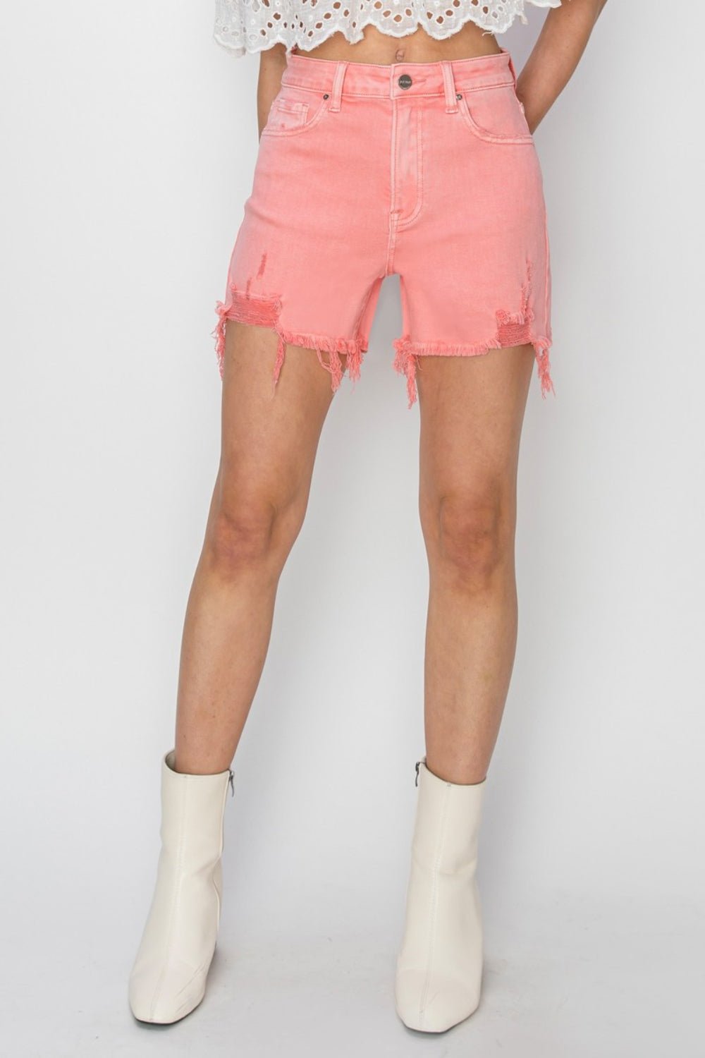 RISEN High Rise Distressed Denim Shorts - Shorts - Flamingo - Bella Bourget