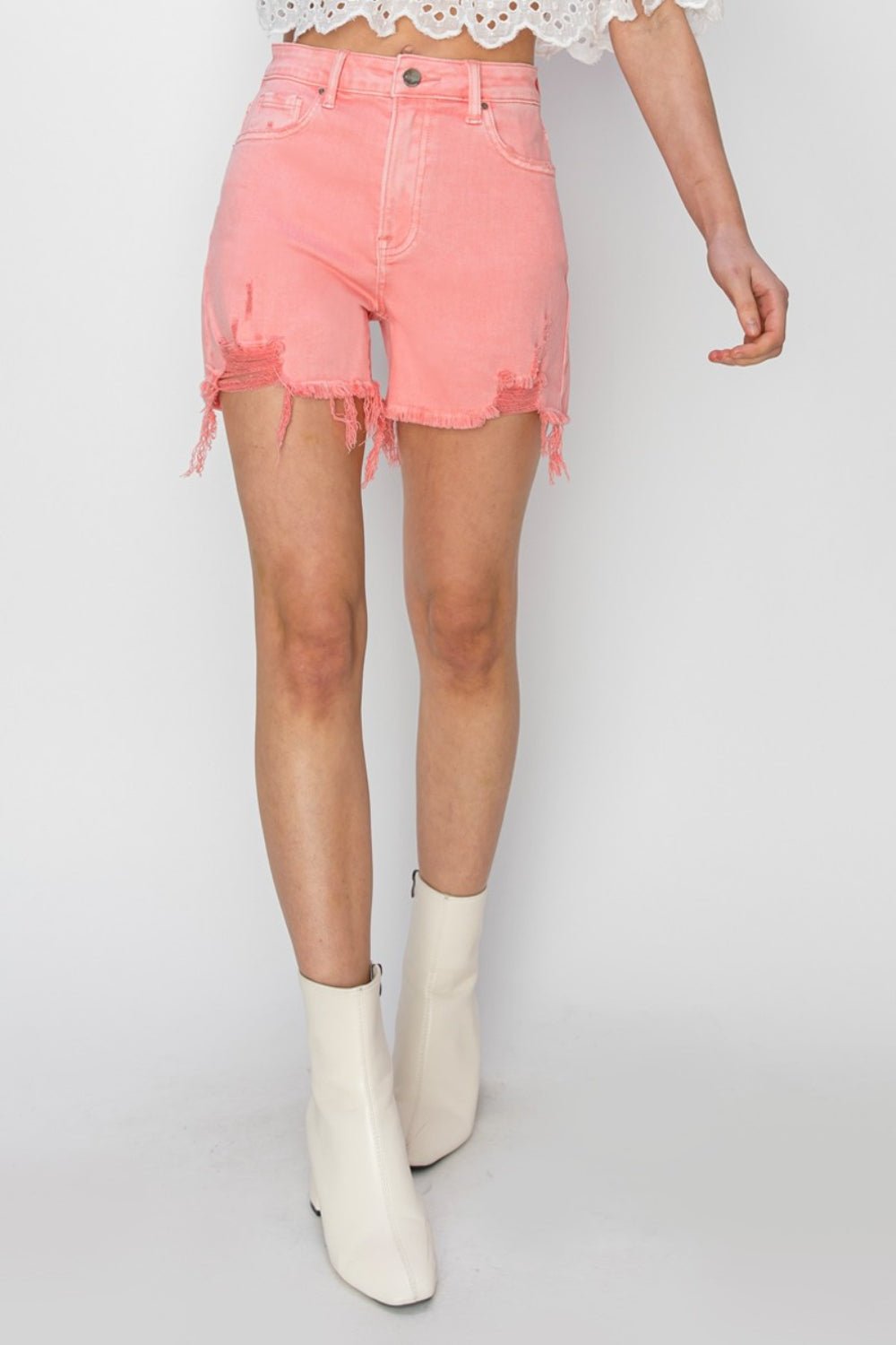 RISEN High Rise Distressed Denim Shorts - Shorts - Flamingo - Bella Bourget