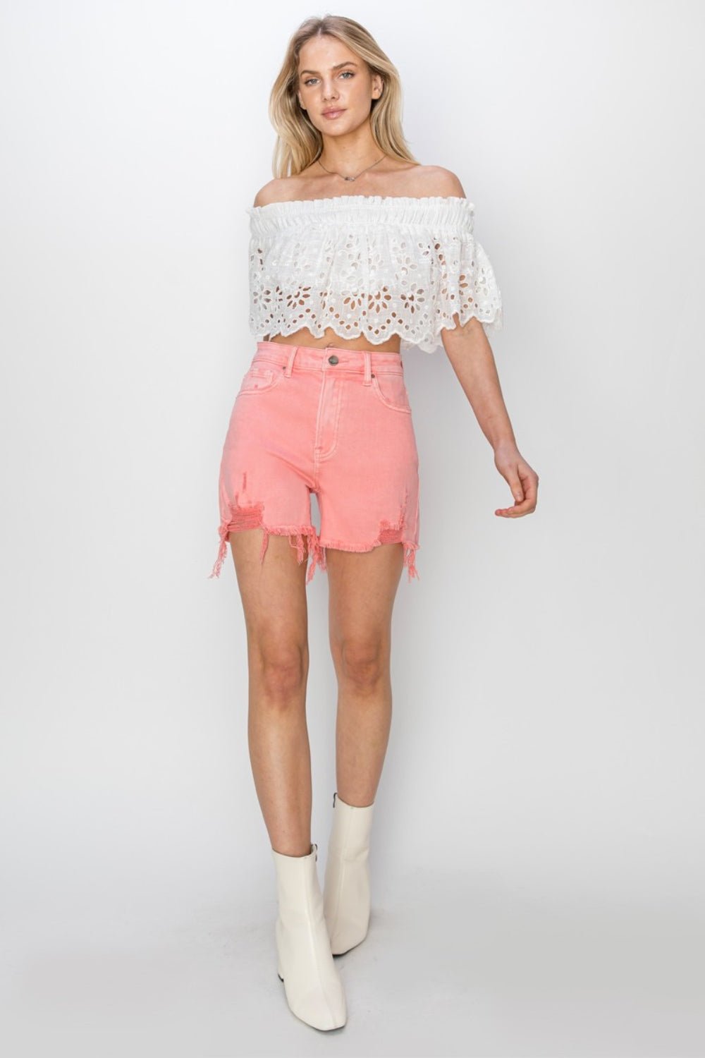 RISEN High Rise Distressed Denim Shorts - Shorts - Flamingo - Bella Bourget