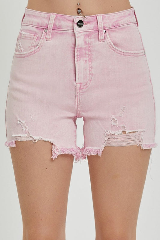 RISEN High Rise Distressed Denim Shorts - Shorts - Acid Pink - Bella Bourget