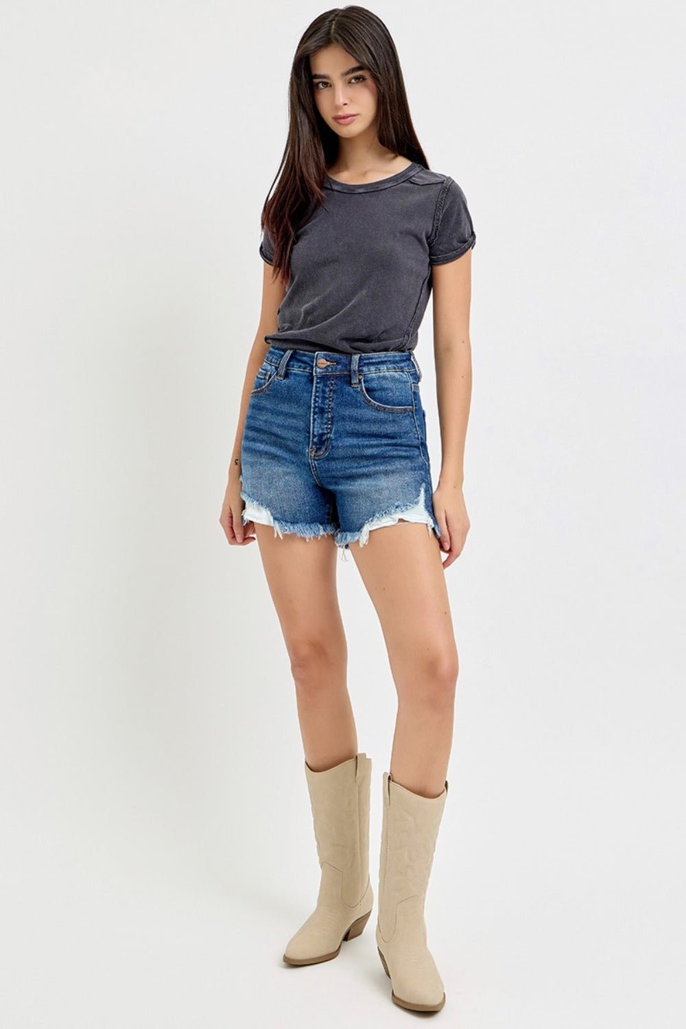 RISEN High Rise Side Step Hem Denim Shorts - Shorts - Dark - Bella Bourget