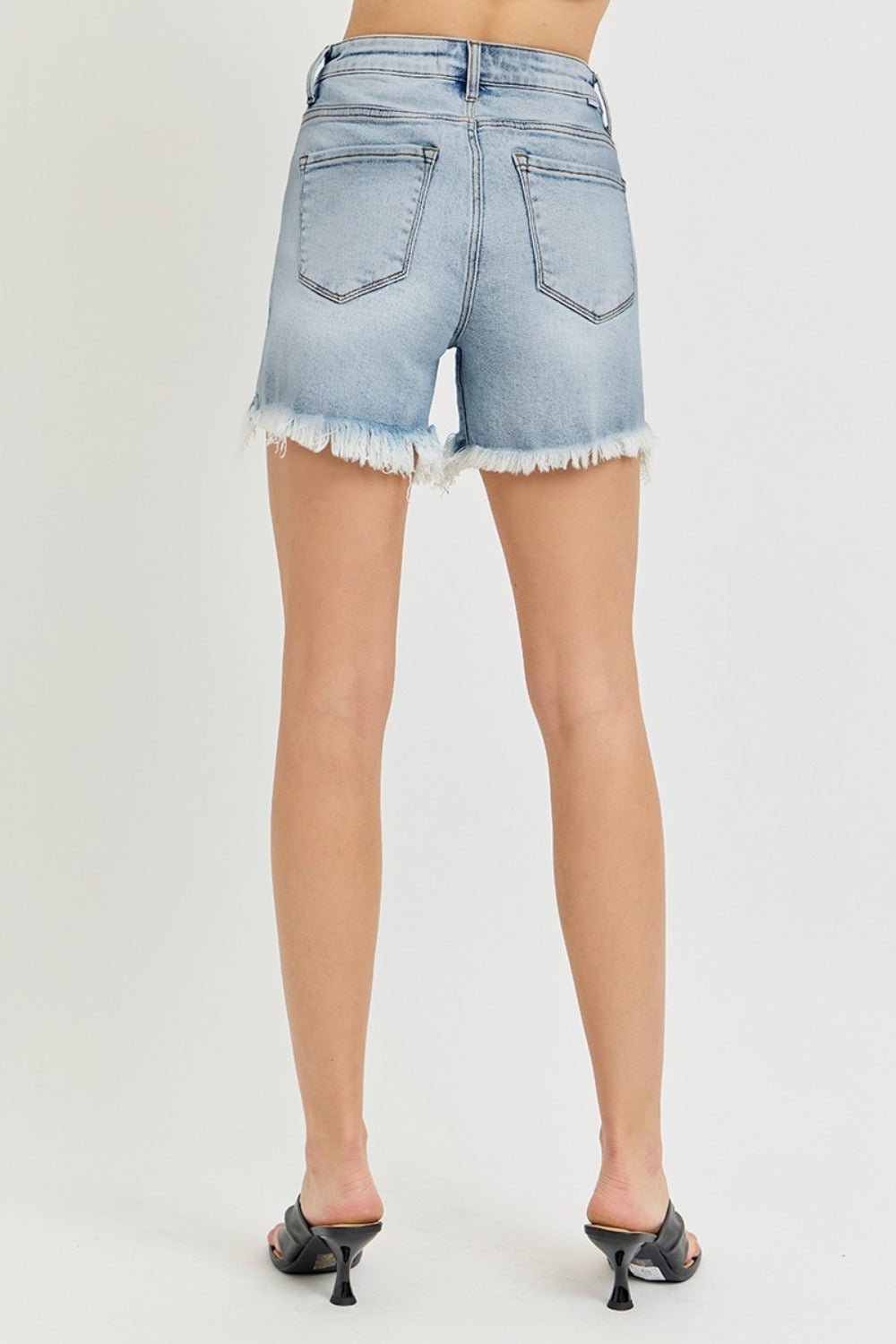 RISEN High Rise Side Step Hem Denim Shorts - Shorts - Light - Bella Bourget