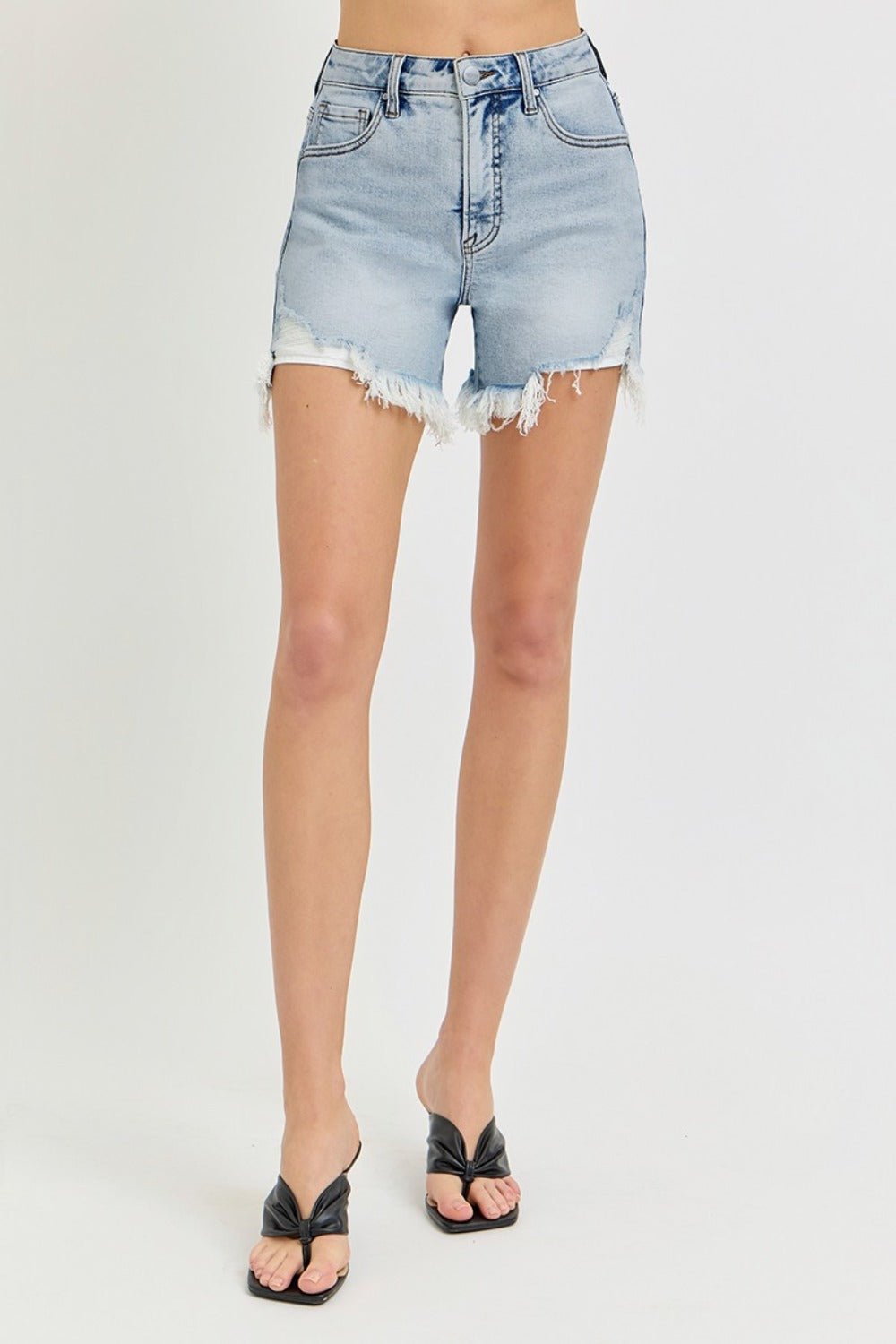 RISEN High Rise Side Step Hem Denim Shorts - Shorts - Light - Bella Bourget