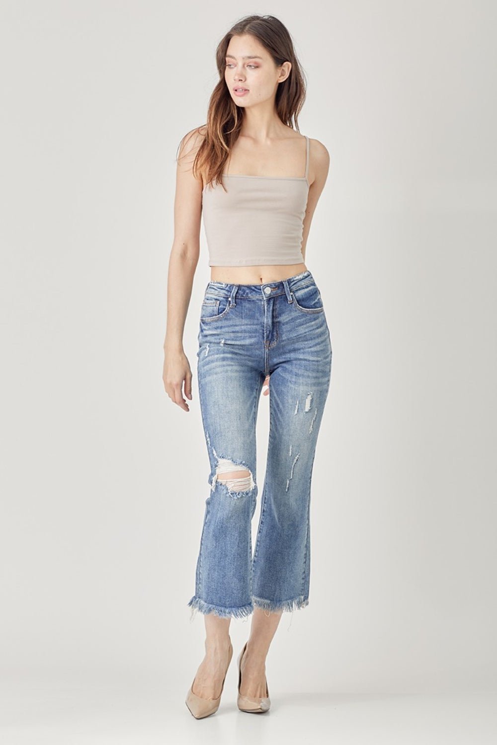 RISEN High Waist Distressed Cropped Bootcut Jeans - jeans - DARK - Bella Bourget