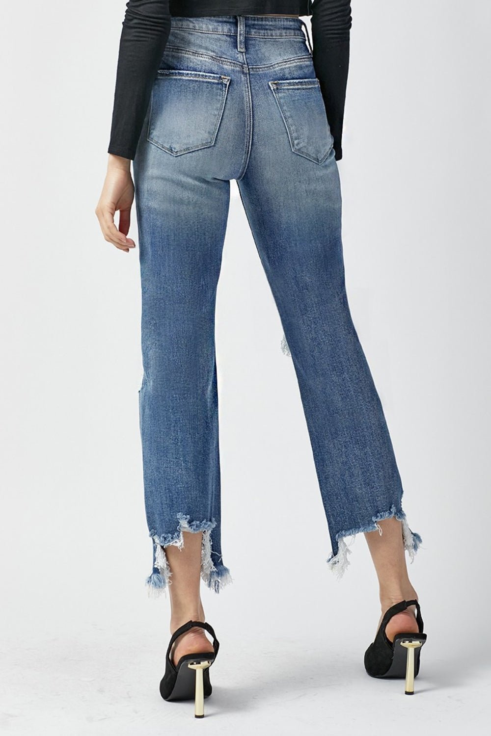 RISEN High Waist Distressed Frayed Hem Cropped Straight Jeans - jeans - MEDIUM - Bella Bourget