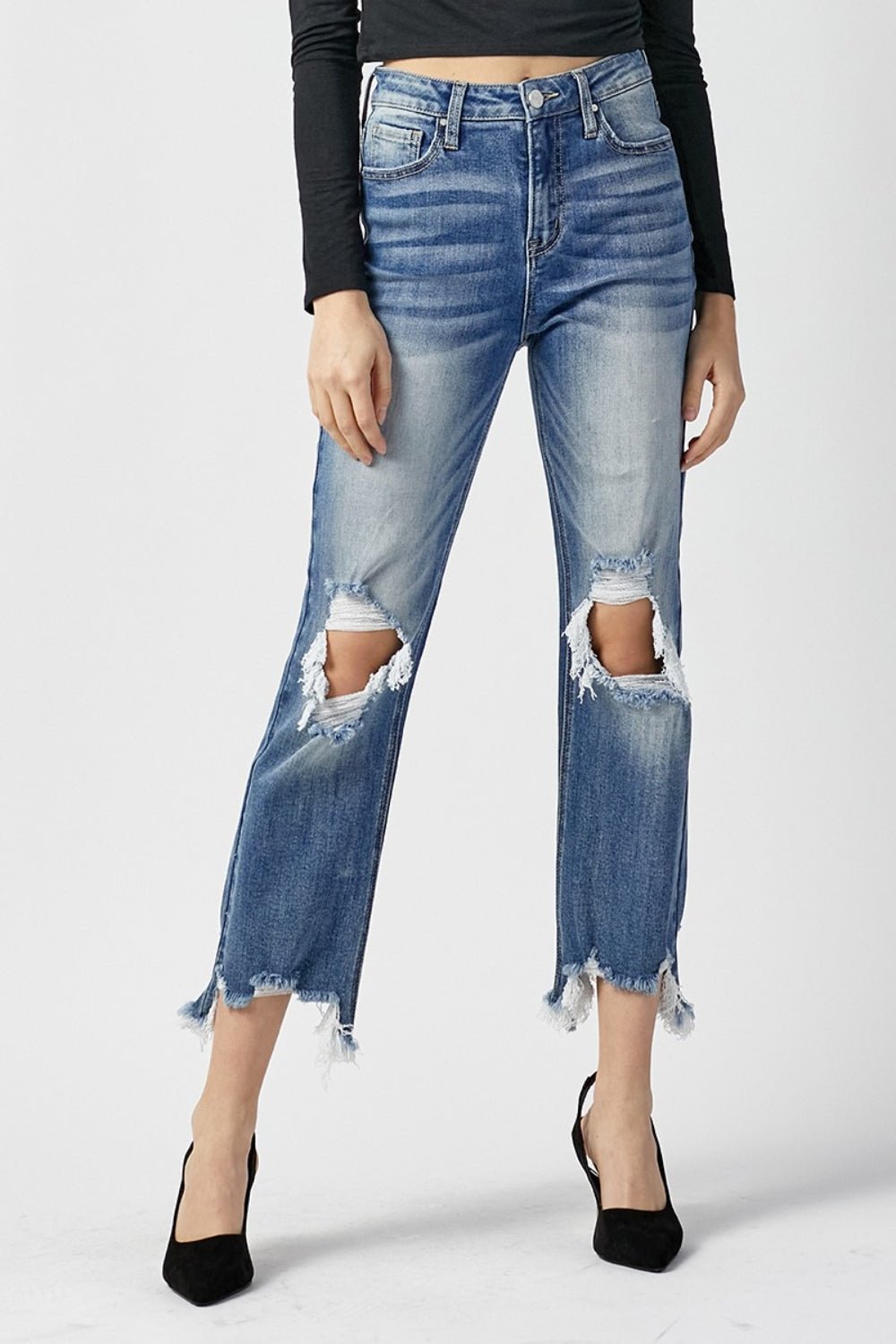 RISEN High Waist Distressed Frayed Hem Cropped Straight Jeans - jeans - MEDIUM - Bella Bourget