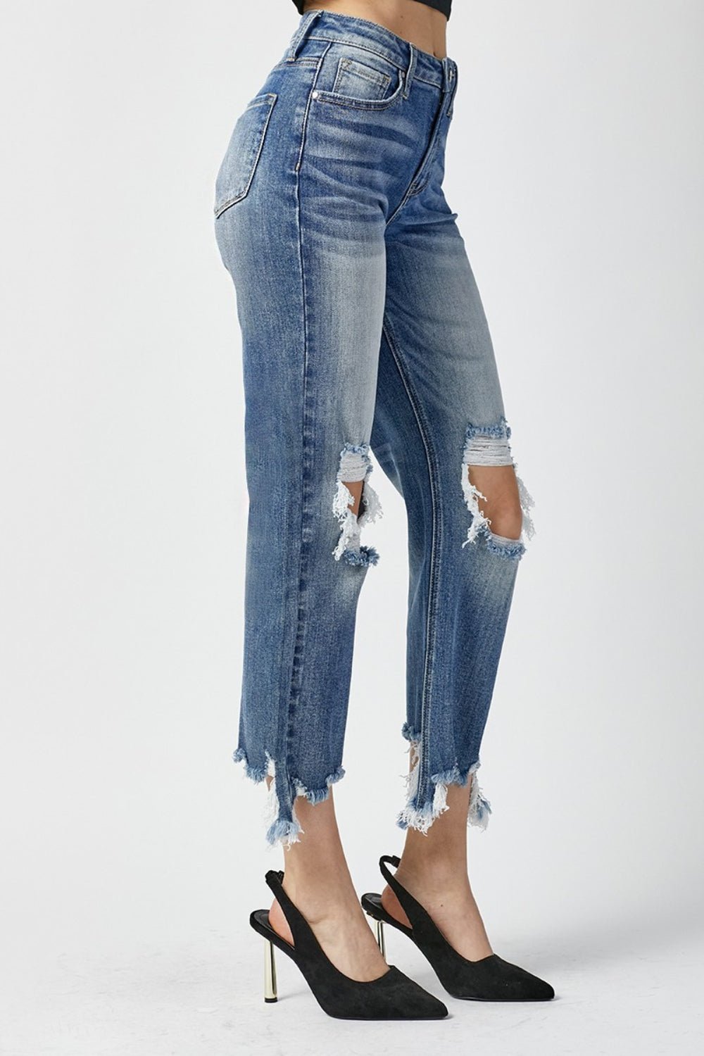 RISEN High Waist Distressed Frayed Hem Cropped Straight Jeans - jeans - MEDIUM - Bella Bourget