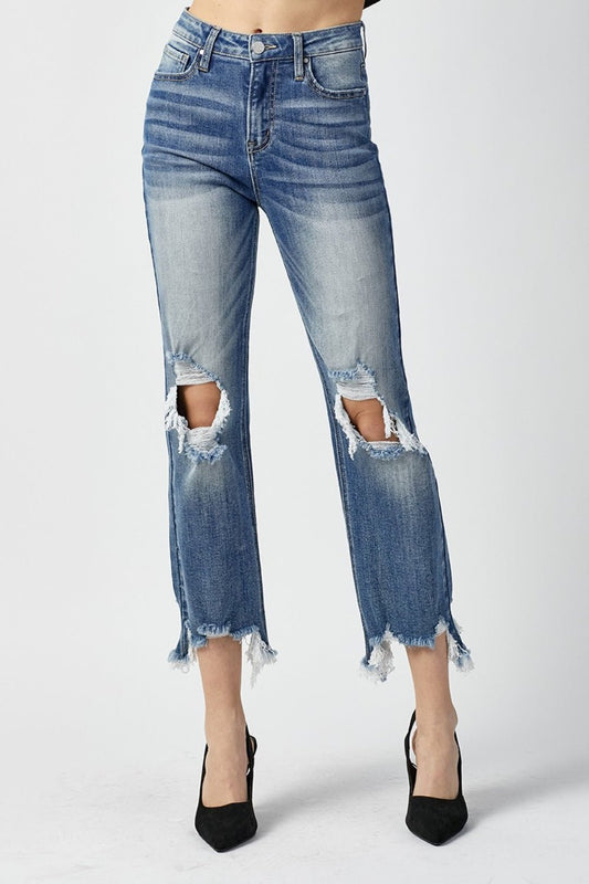 RISEN High Waist Distressed Frayed Hem Cropped Straight Jeans - jeans - MEDIUM - Bella Bourget