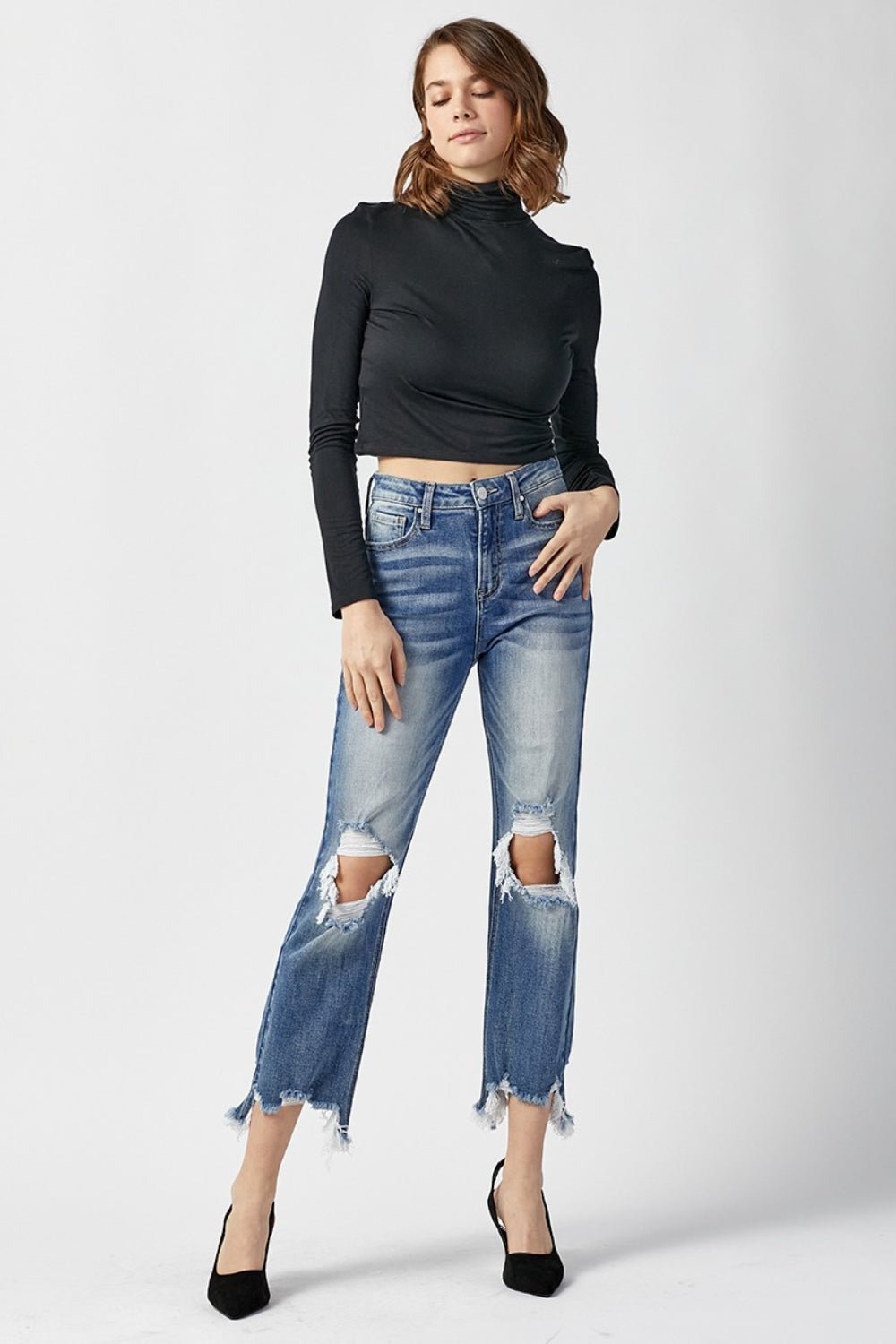 RISEN High Waist Distressed Frayed Hem Cropped Straight Jeans - jeans - MEDIUM - Bella Bourget