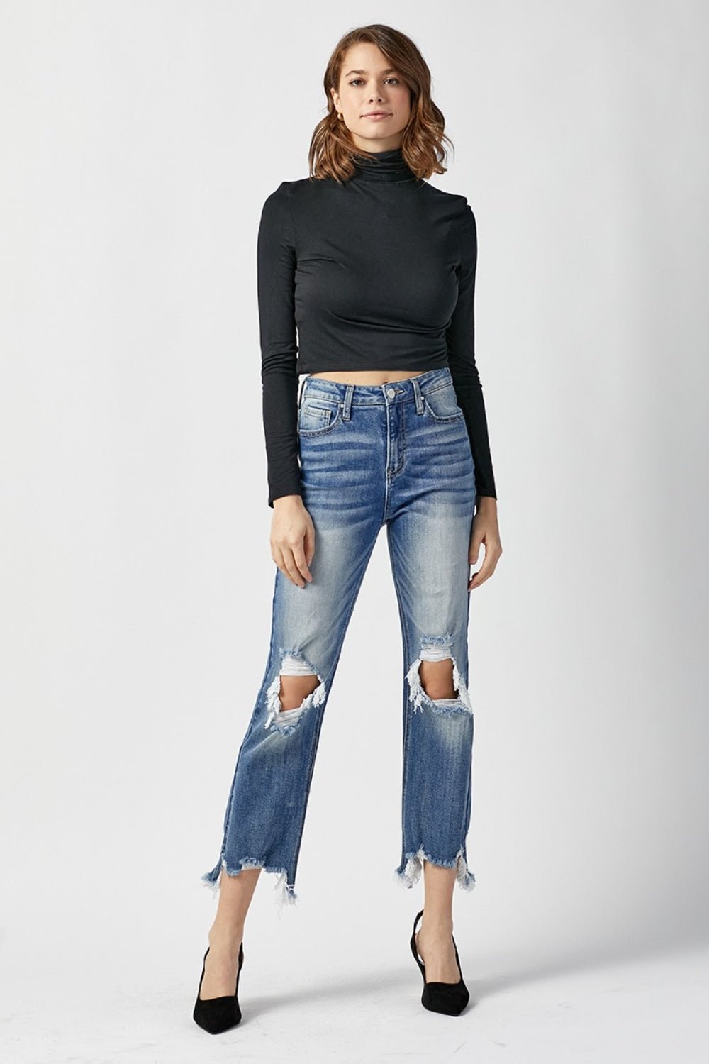 RISEN High Waist Distressed Frayed Hem Cropped Straight Jeans - jeans - MEDIUM - Bella Bourget