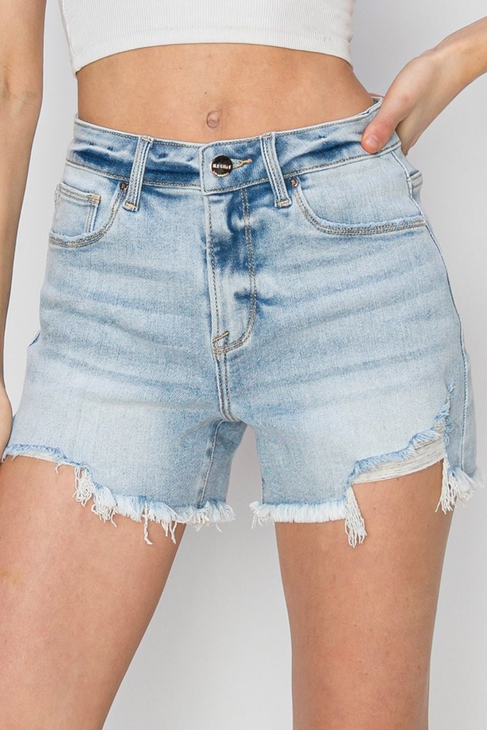 RISEN High Waist Frayed Detail Denim Shorts - Shorts - LIGHT - Bella Bourget