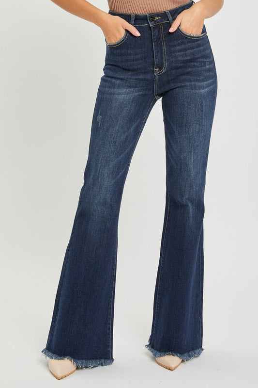 RISEN High Waist Raw Hem Flare Jeans - jeans - DARK - Bella Bourget