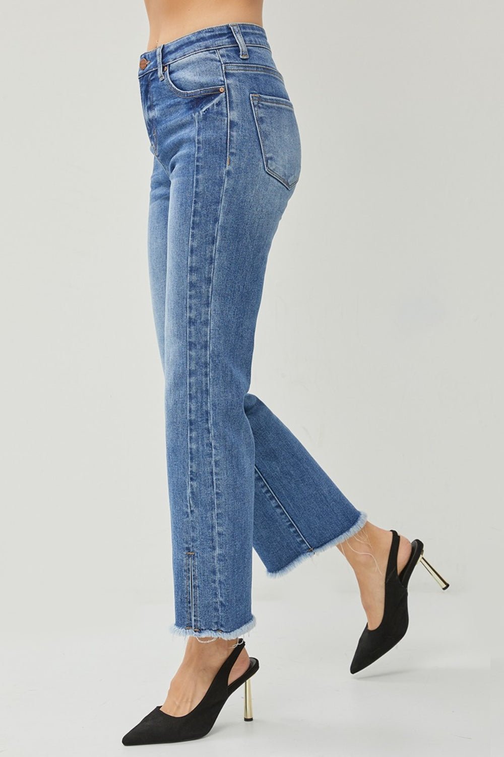 RISEN High Waist Raw Hem Slit Straight Jeans - jeans - DARK - Bella Bourget