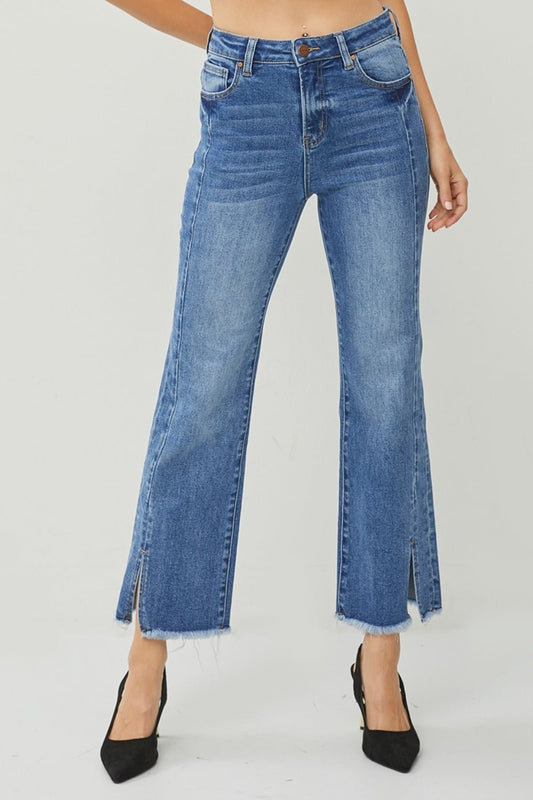 RISEN High Waist Raw Hem Slit Straight Jeans - jeans - DARK - Bella Bourget
