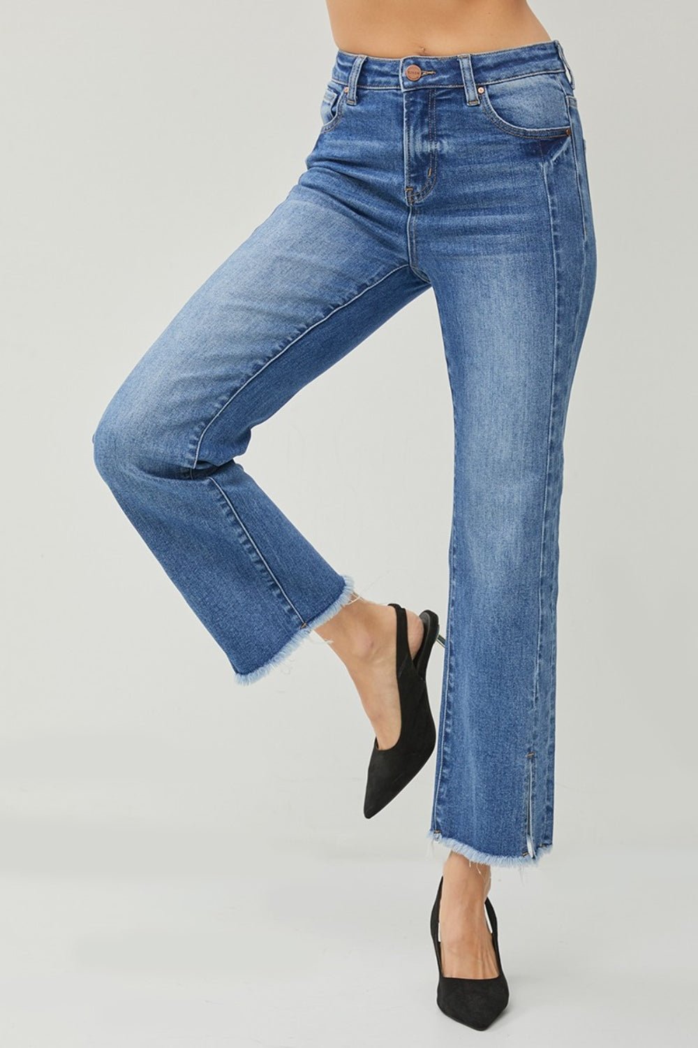 RISEN High Waist Raw Hem Slit Straight Jeans - jeans - DARK - Bella Bourget