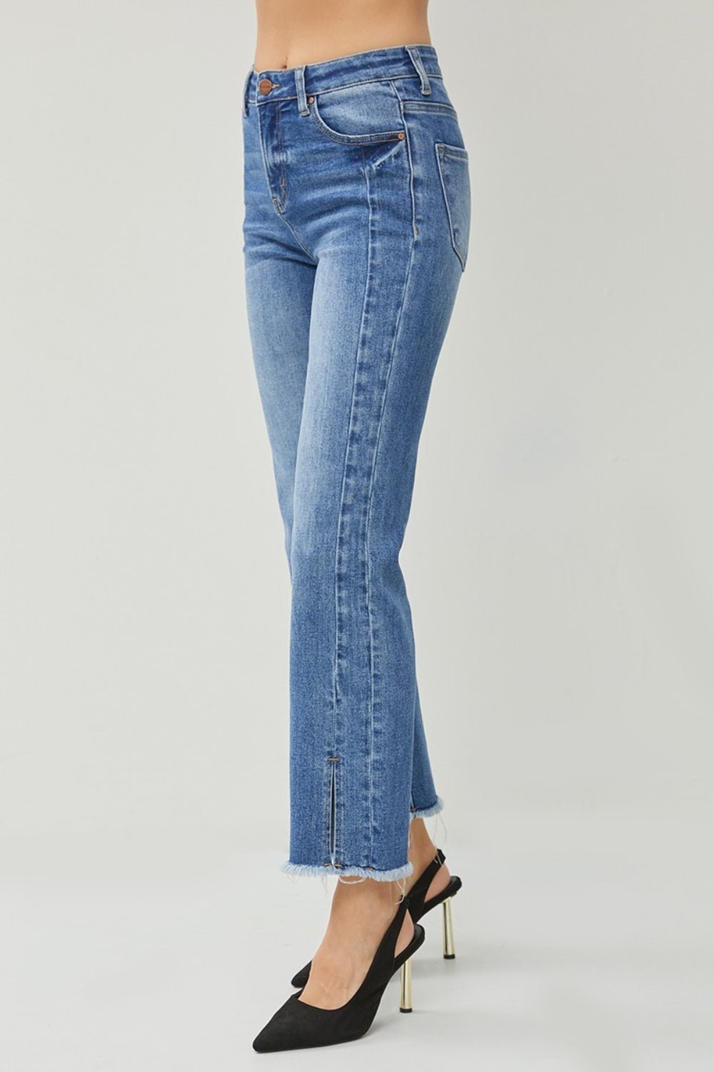 RISEN High Waist Raw Hem Slit Straight Jeans - jeans - DARK - Bella Bourget