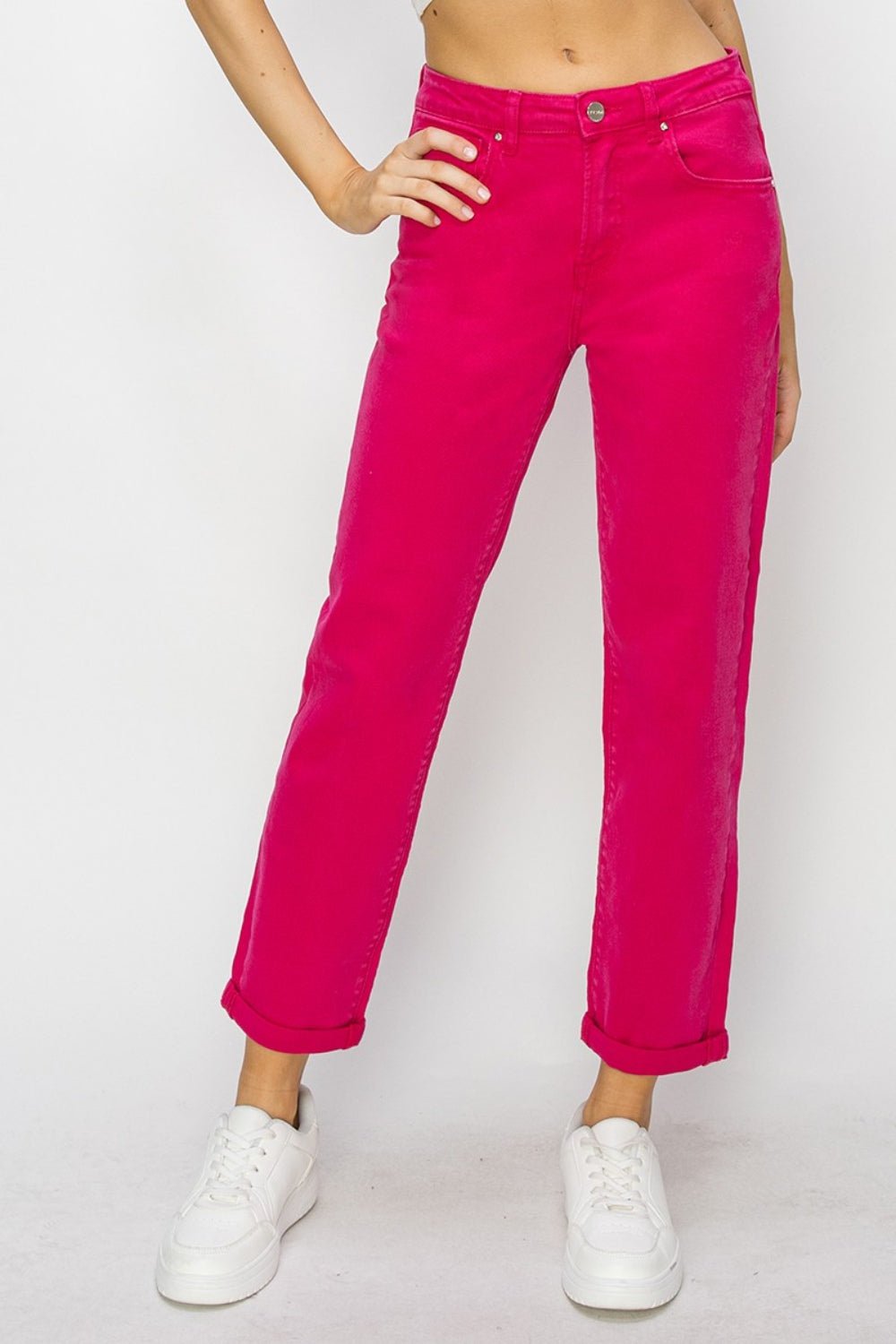 RISEN High Waist Rolled Hem Straight Jeans - jeans - FUCHSIA - Bella Bourget