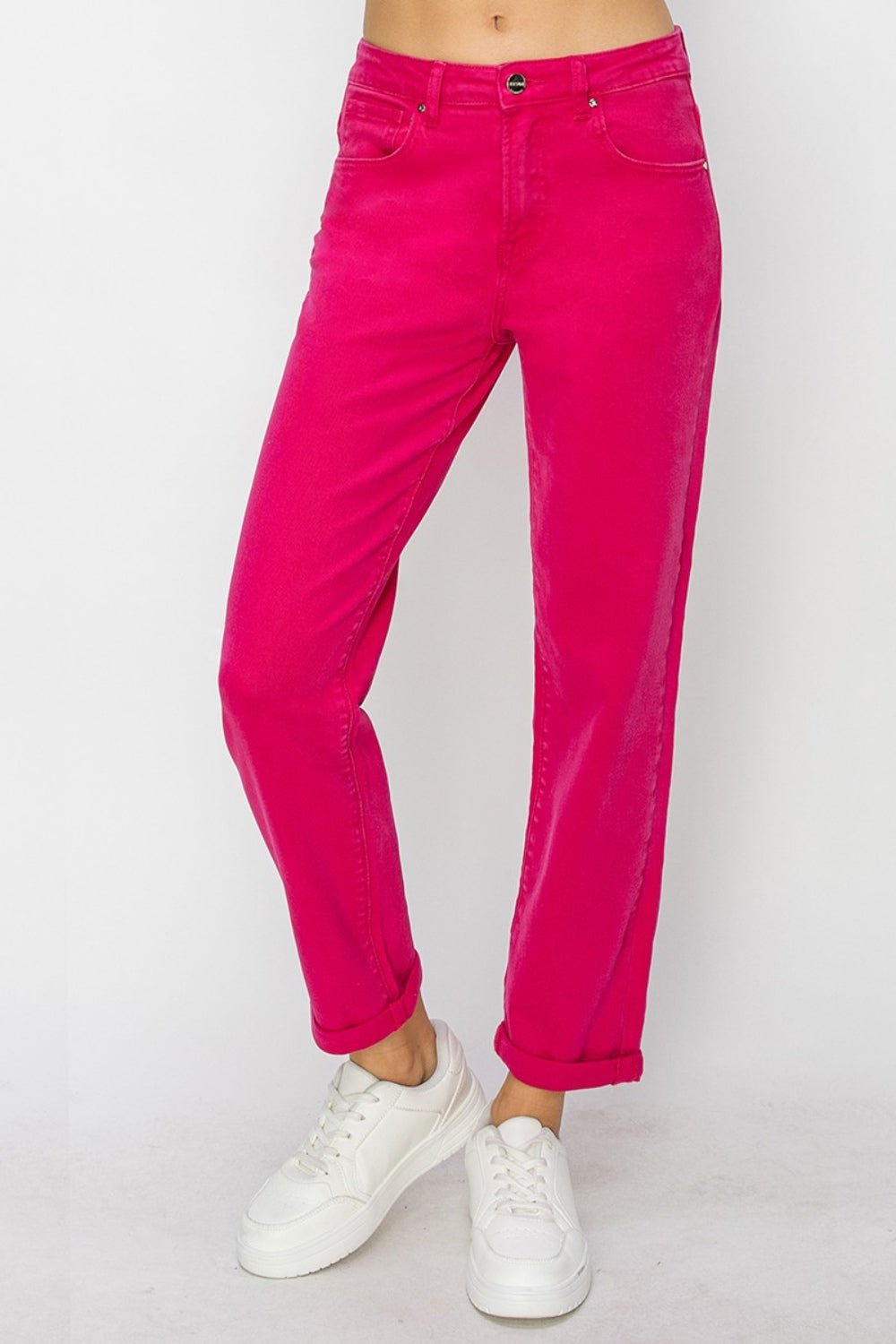 RISEN High Waist Rolled Hem Straight Jeans - jeans - FUCHSIA - Bella Bourget